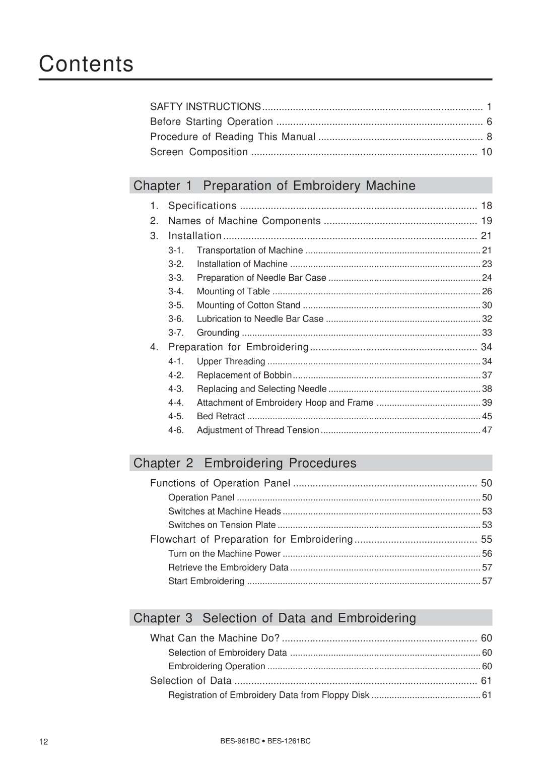 Brother BES-1261BC, BES-961BC instruction manual Contents 