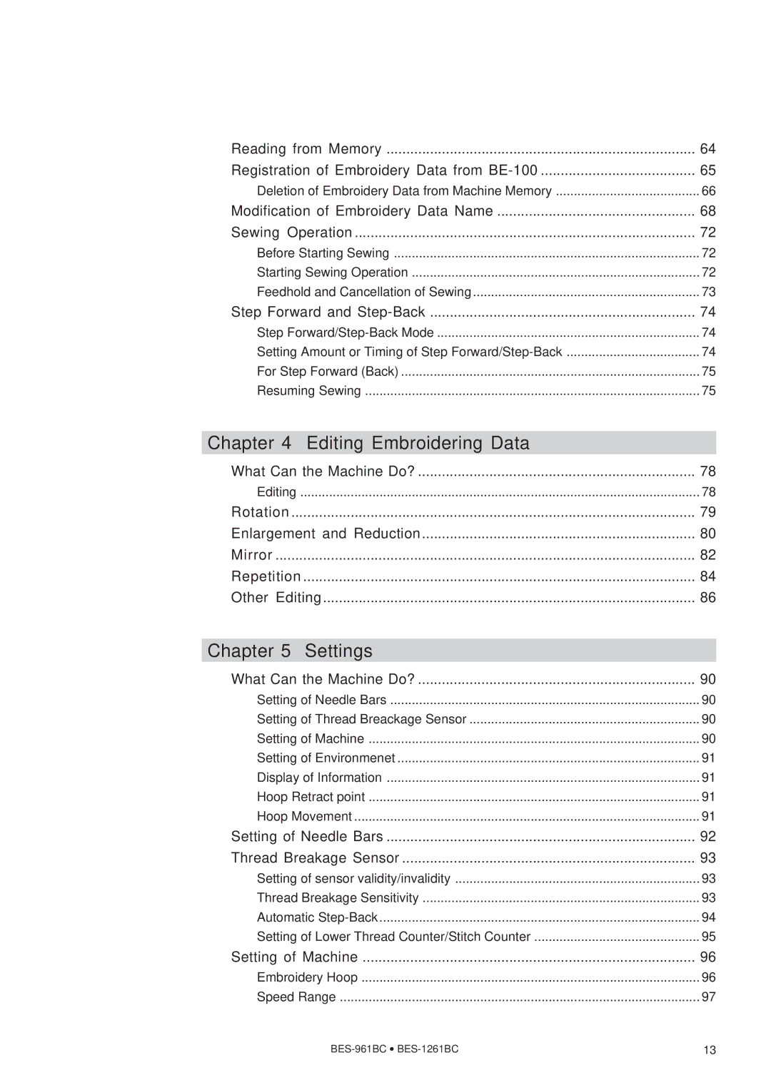 Brother BES-961BC, BES-1261BC instruction manual Chapter Editing Embroidering Data, Chapter Settings 