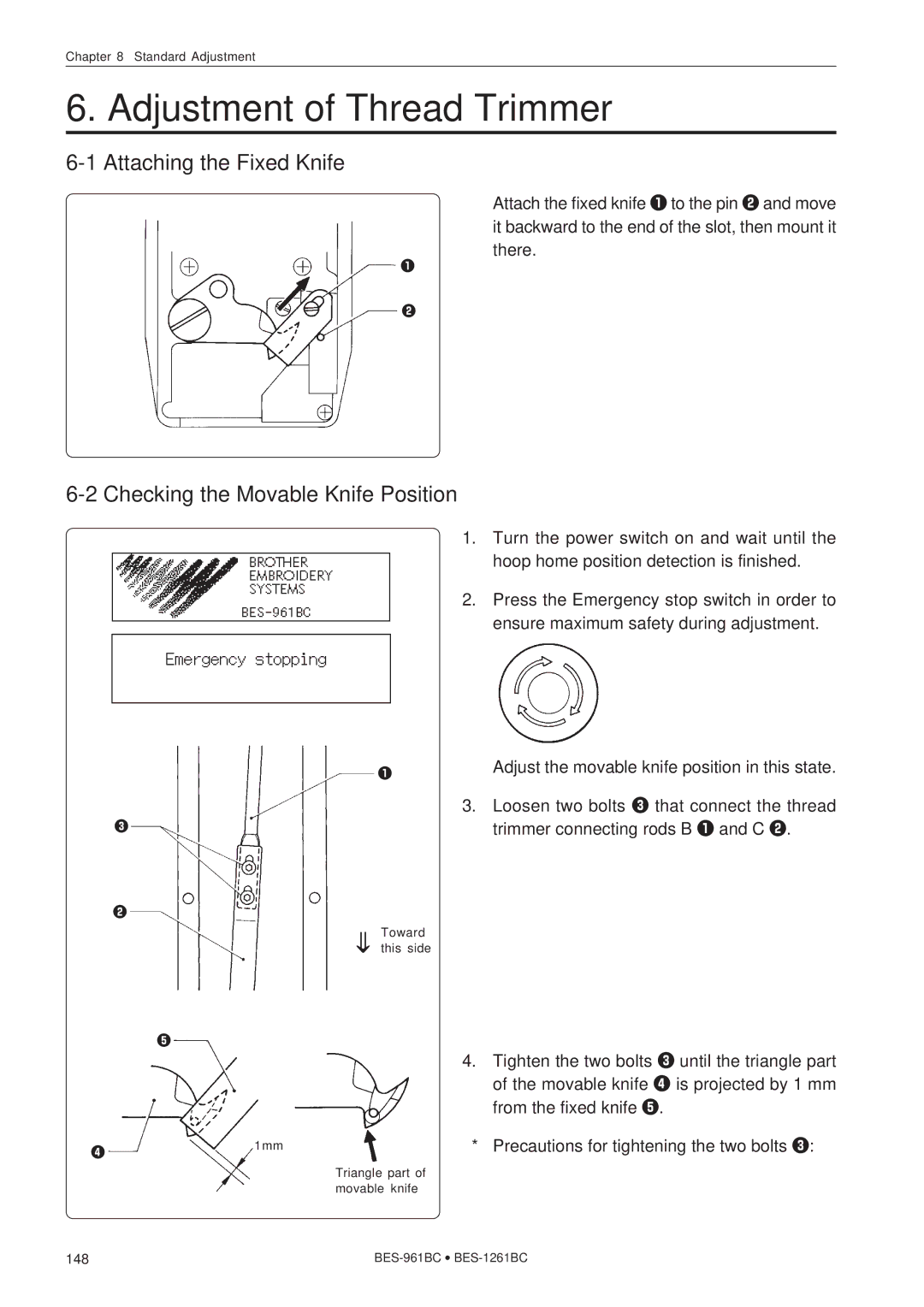 Brother BES-1261BC, BES-961BC Adjustment of Thread Trimmer, Attaching the Fixed Knife, Checking the Movable Knife Position 