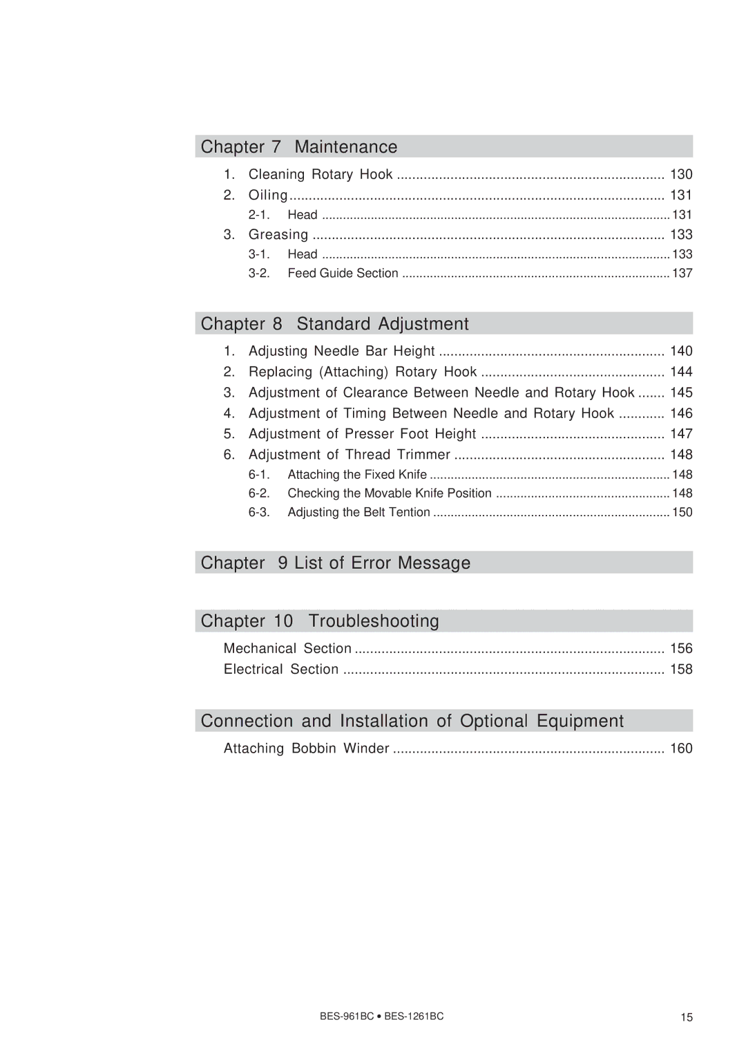 Brother BES-961BC, BES-1261BC Chapter Maintenance, Standard Adjustment, Chapter List of Error Message Troubleshooting 