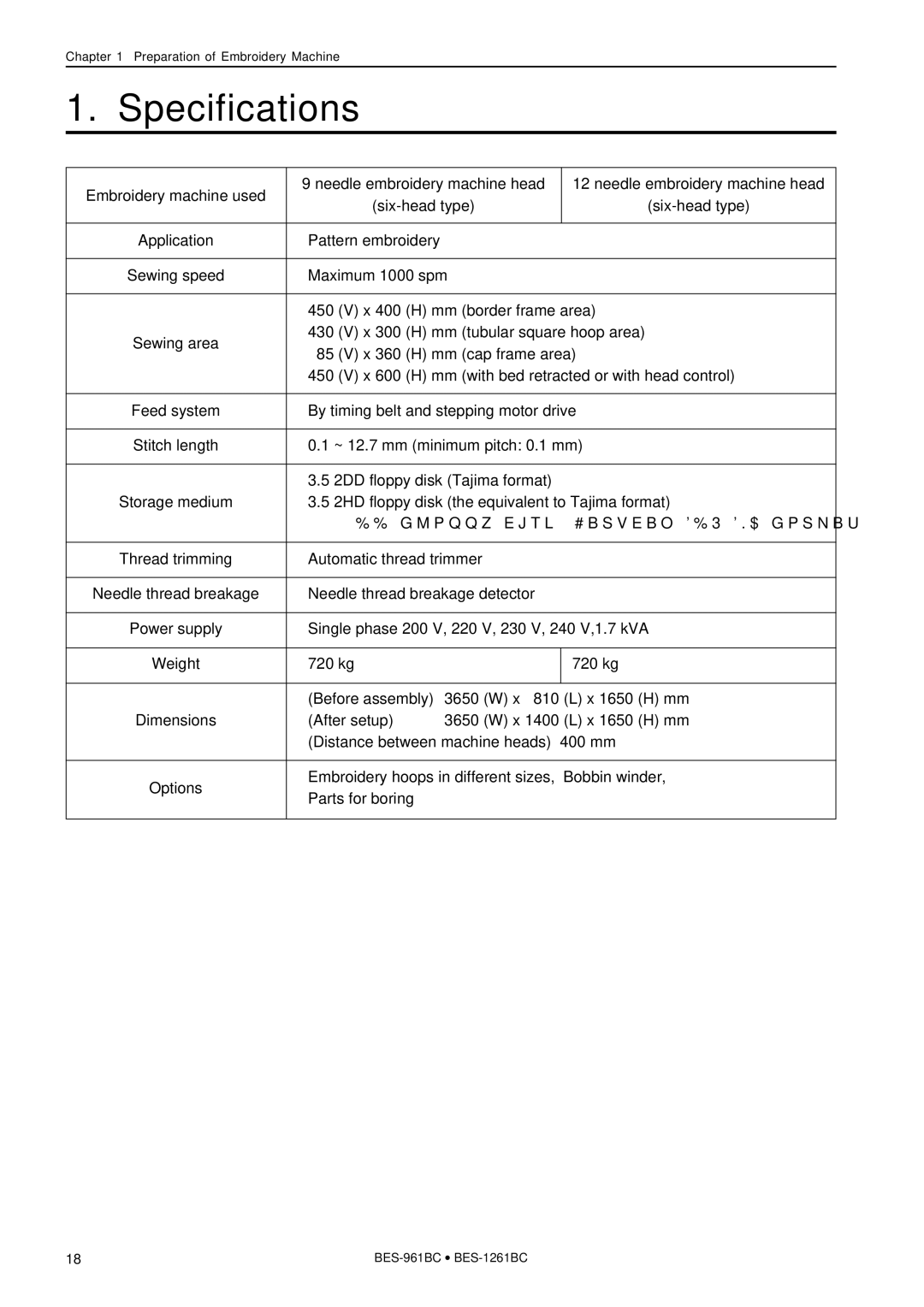 Brother BES-1261BC, BES-961BC instruction manual Specifications 