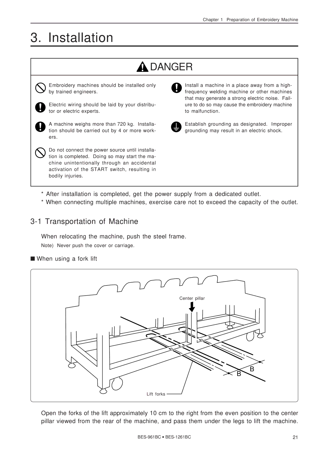 Brother BES-961BC, BES-1261BC instruction manual Installation, Transportation of Machine 