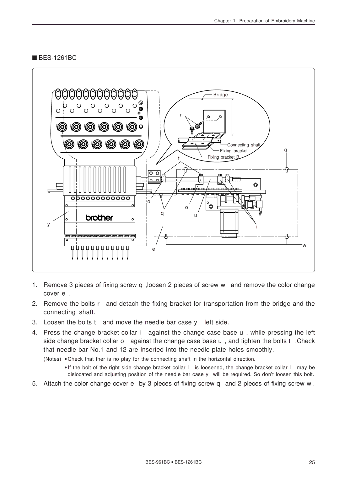 Brother BES-961BC, BES-1261BC instruction manual Bridge Connecting shaft Fixing bracket Fixing bracket B 