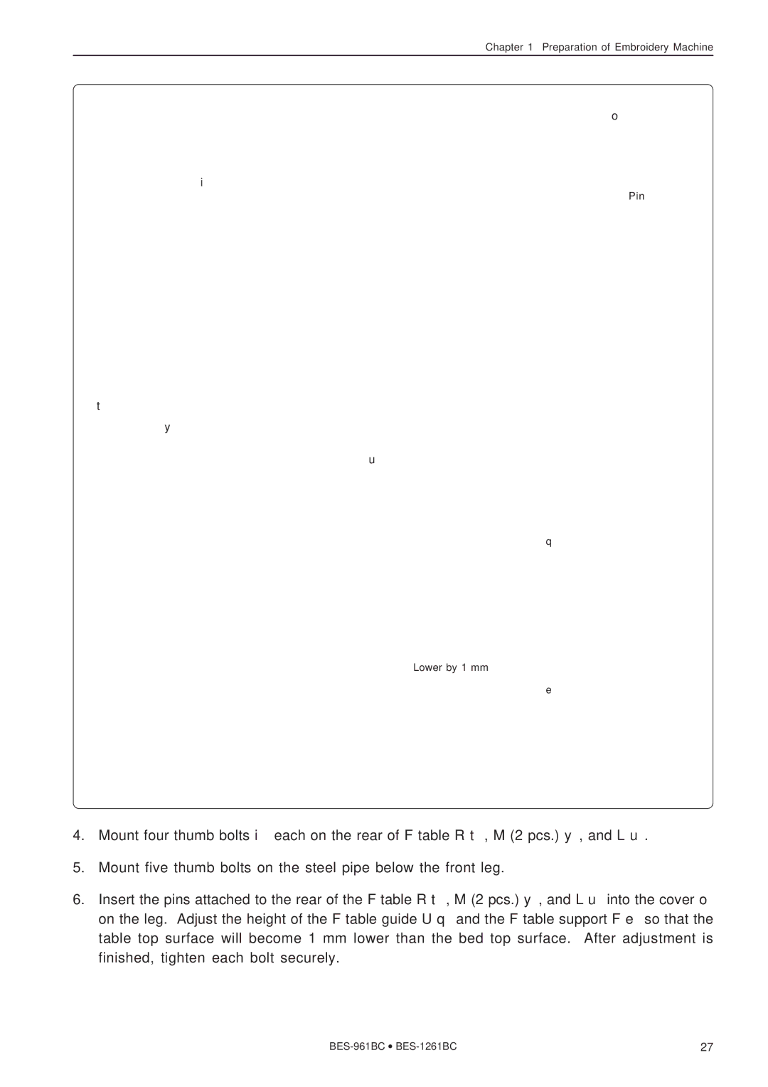 Brother BES-961BC, BES-1261BC instruction manual Preparation of Embroidery Machine Pin Lower by 1 mm 