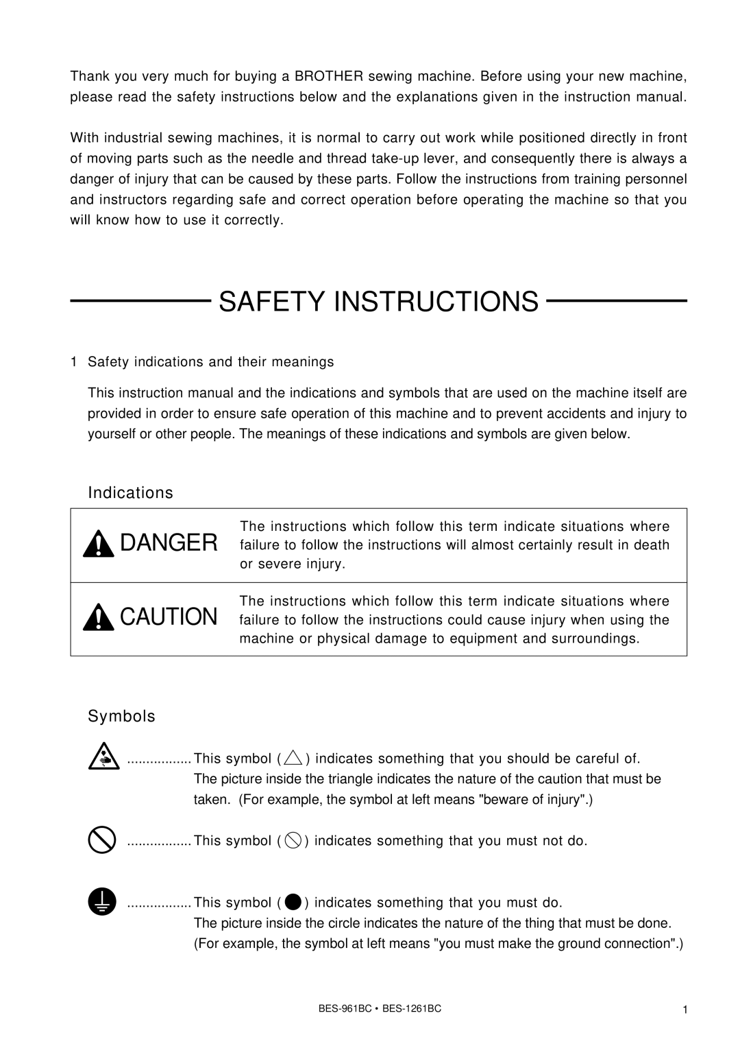 Brother BES-961BC, BES-1261BC instruction manual Safety Instructions, Safety indications and their meanings 