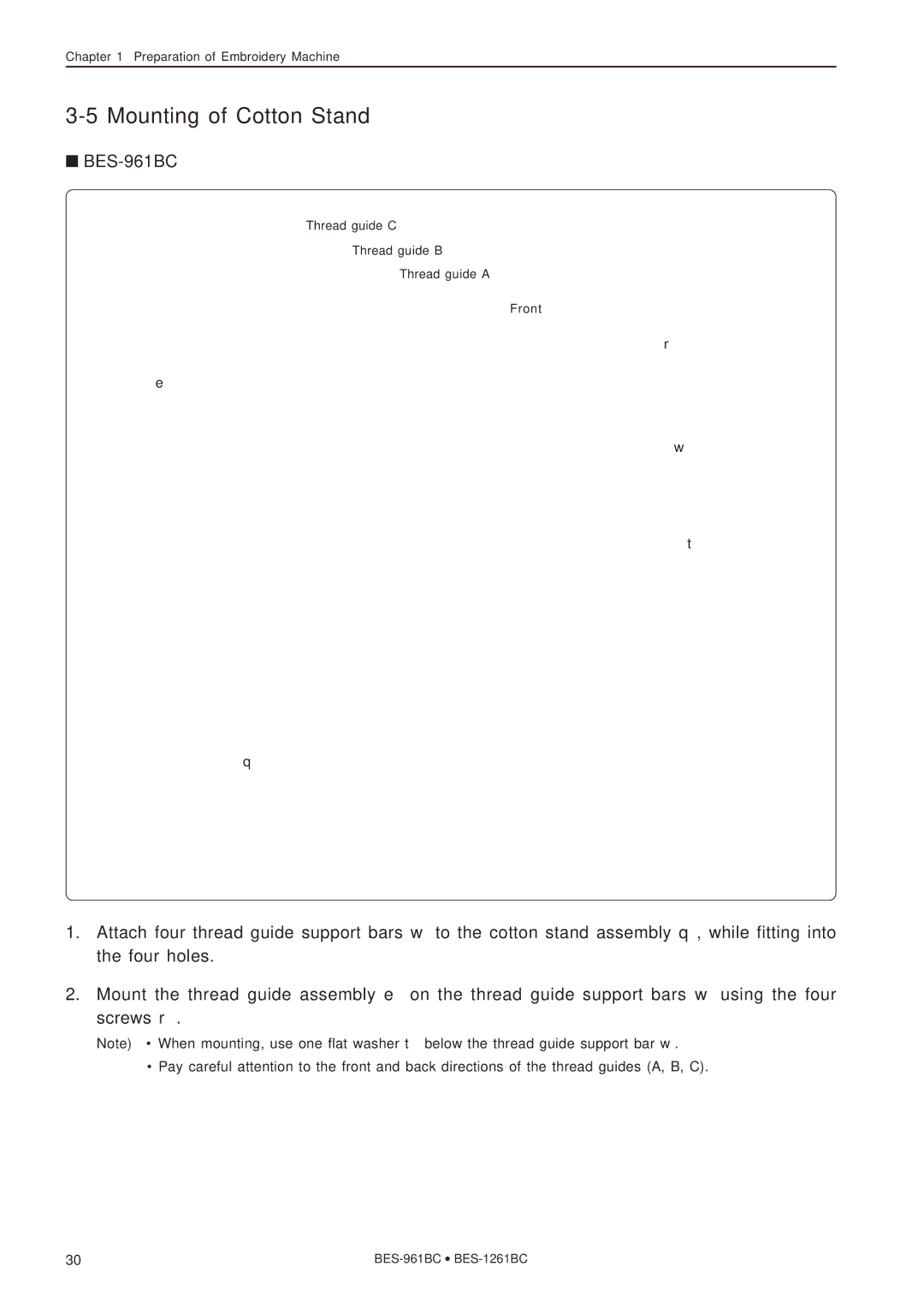 Brother BES-1261BC instruction manual Mounting of Cotton Stand, BES-961BC 