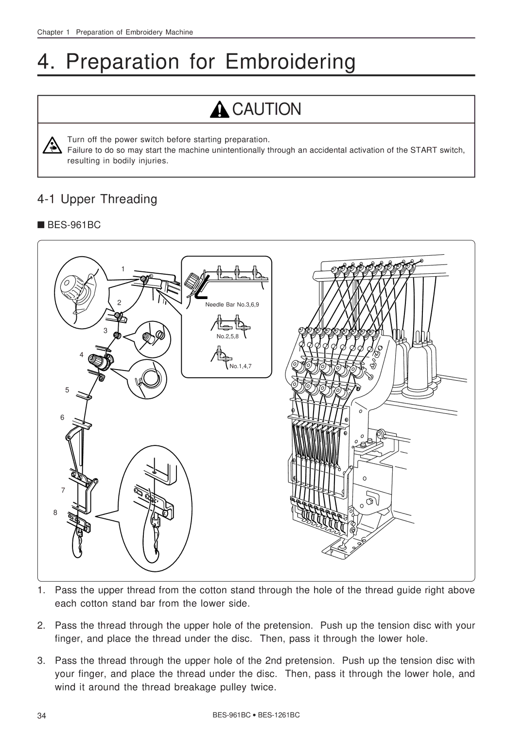 Brother BES-1261BC, BES-961BC instruction manual Preparation for Embroidering, Upper Threading 