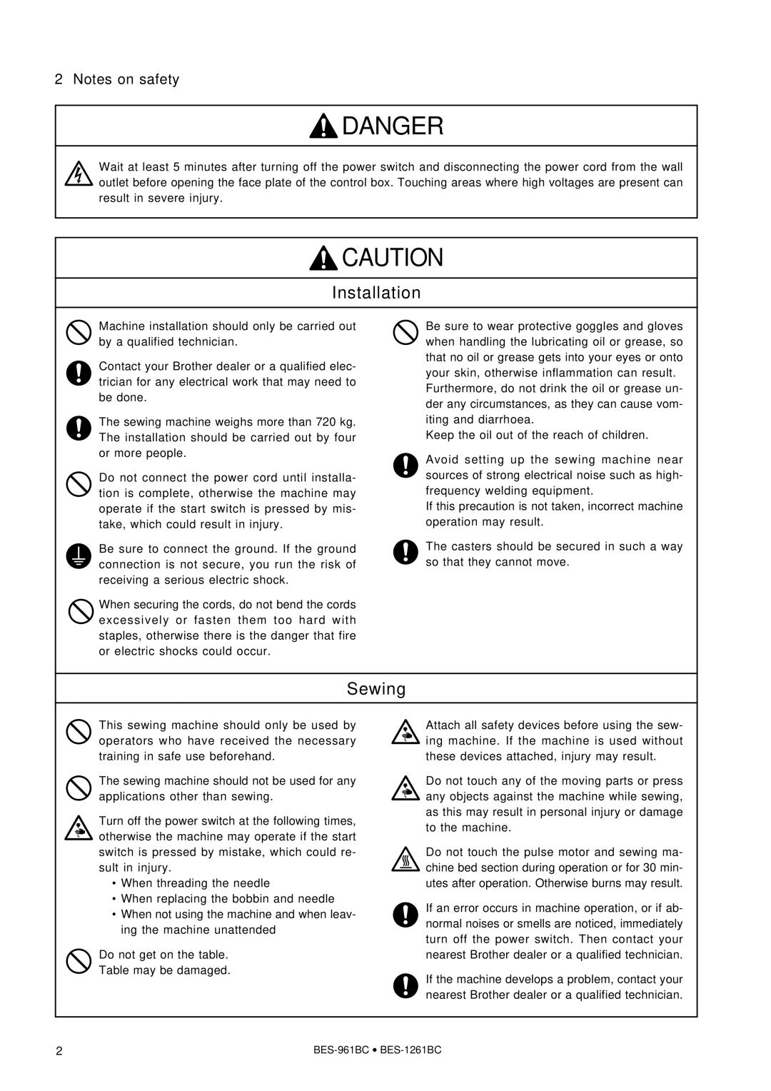 Brother BES-1261BC, BES-961BC instruction manual Installation 