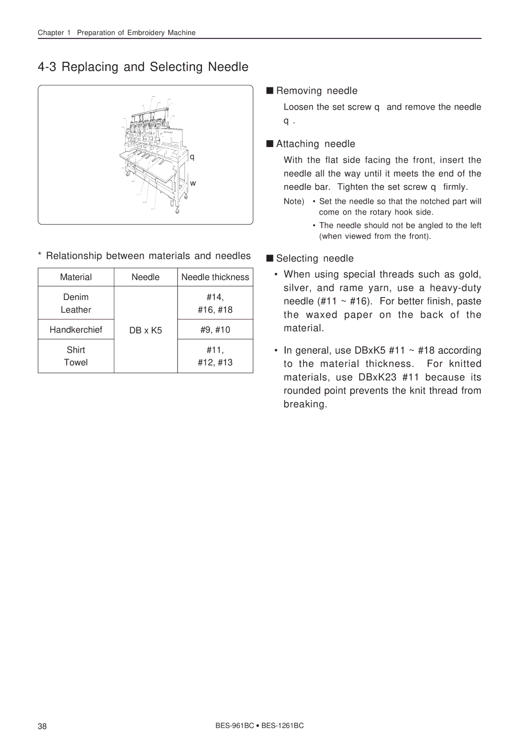 Brother BES-1261BC, BES-961BC instruction manual Replacing and Selecting Needle, Removing needle, Attaching needle 