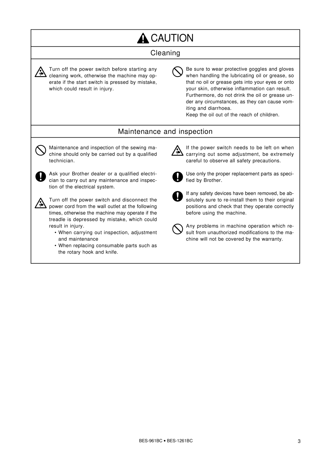 Brother BES-961BC, BES-1261BC instruction manual Cleaning 