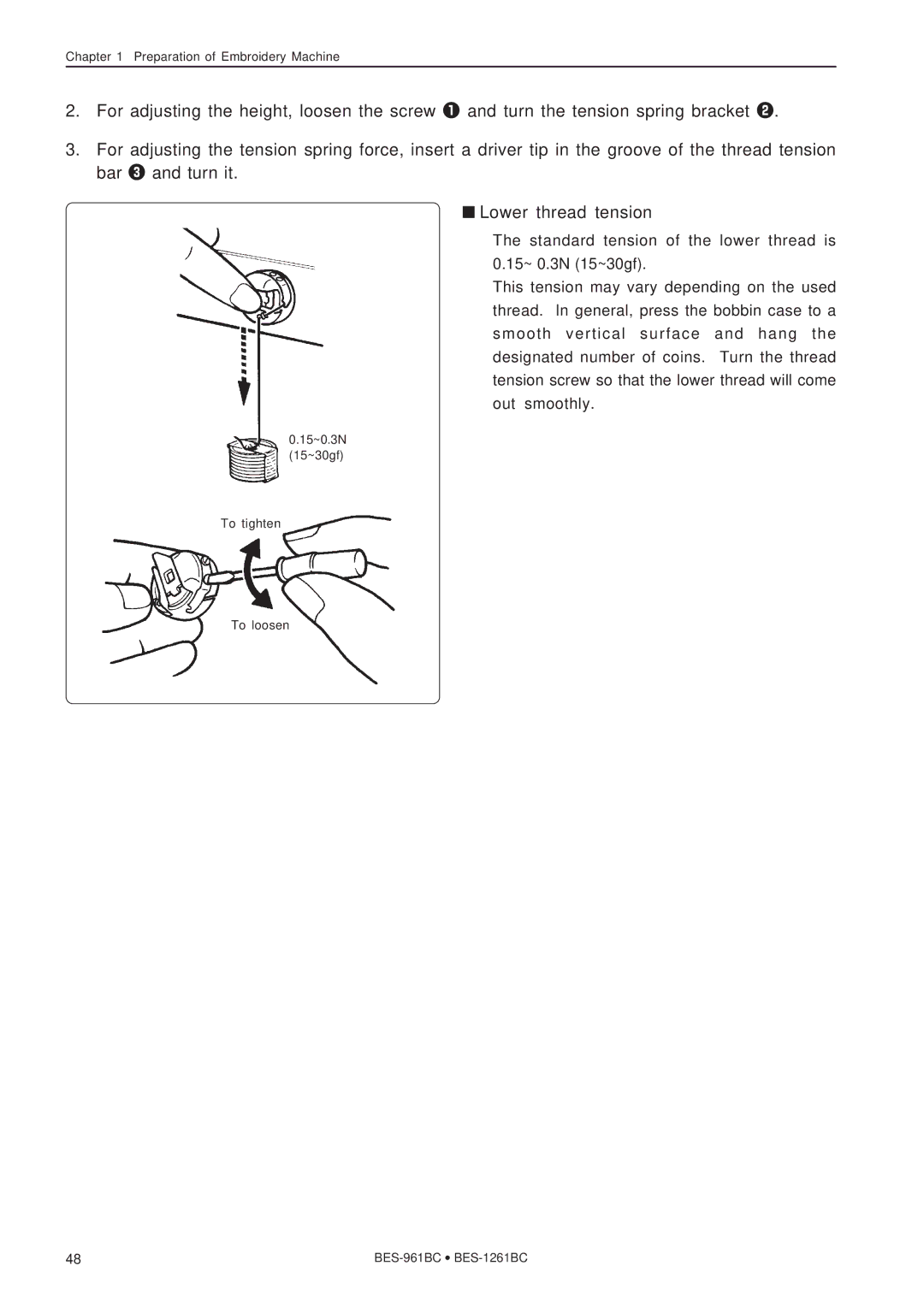 Brother instruction manual 15~0.3N 15~30gf To tighten To loosen BES-961BC BES-1261BC 