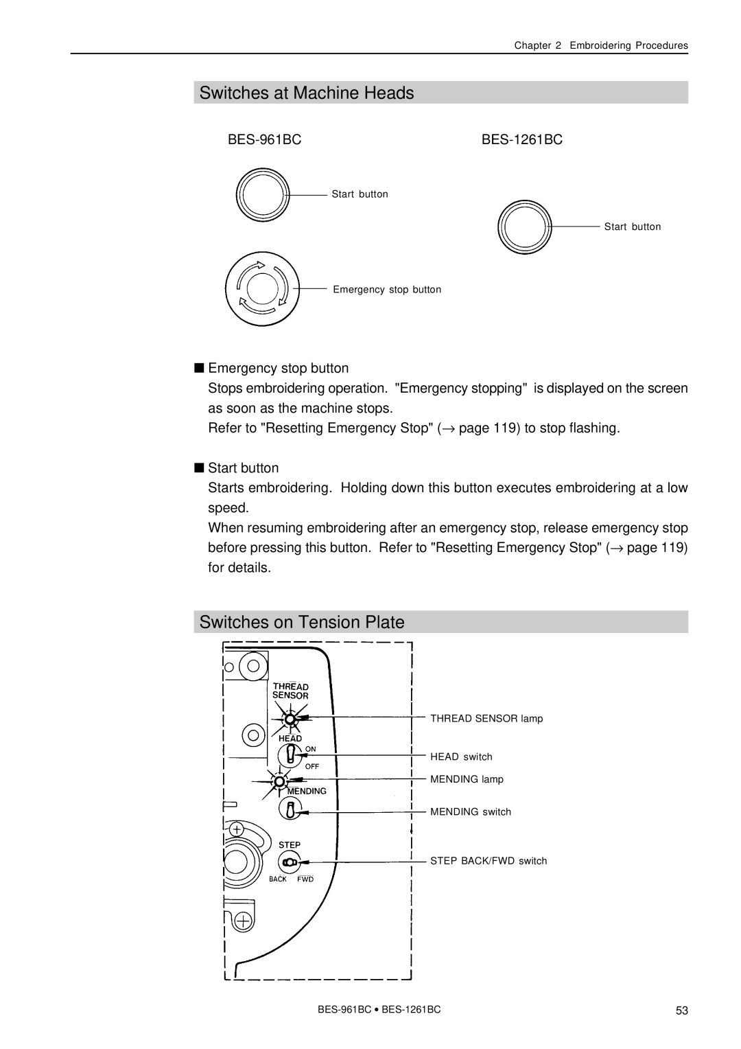 Brother BES-961BC, BES-1261BC instruction manual Switches at Machine Heads, Switches on Tension Plate, For details 