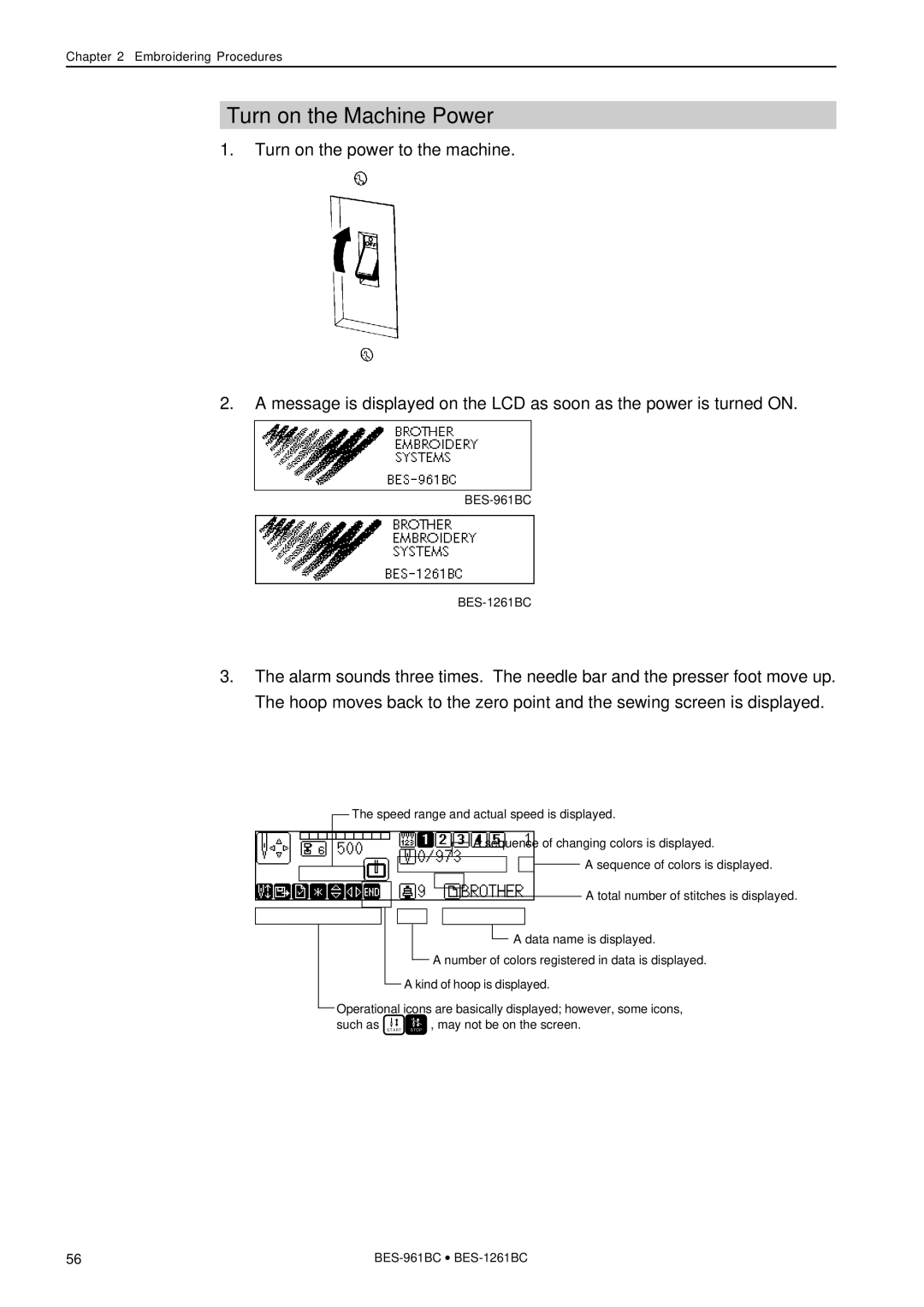 Brother BES-1261BC, BES-961BC instruction manual Turn on the Machine Power 