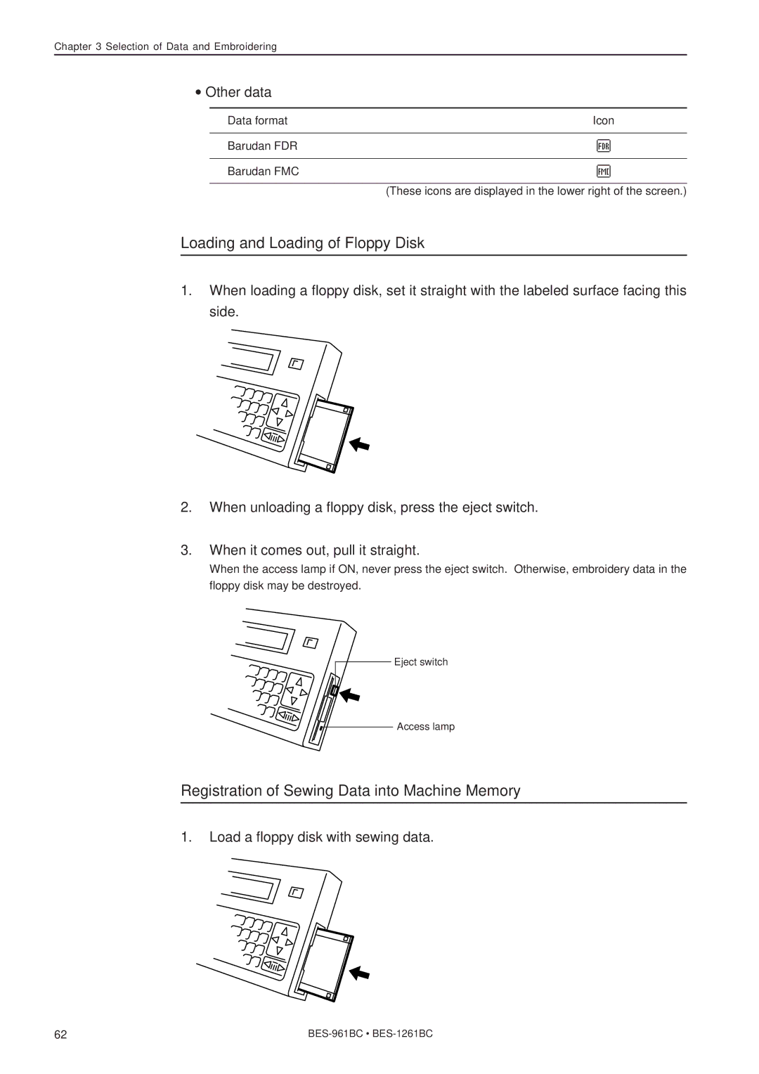 Brother BES-1261BC Loading and Loading of Floppy Disk, Registration of Sewing Data into Machine Memory, Other data 