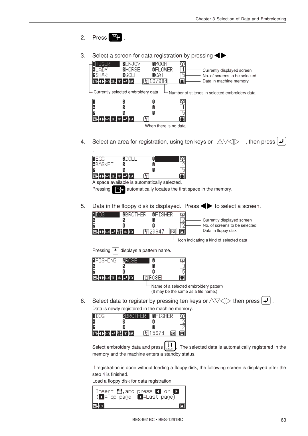 Brother BES-961BC, BES-1261BC instruction manual Press Select a screen for data registration by pressing 