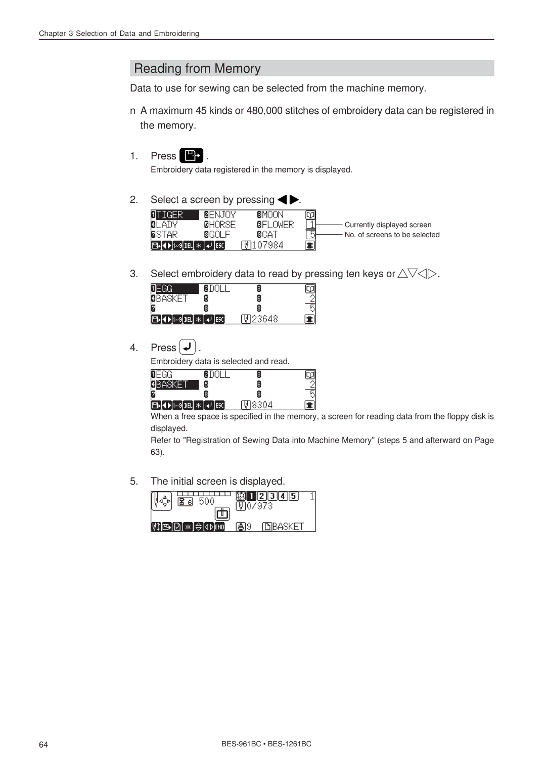 Brother BES-1261BC, BES-961BC Reading from Memory, Select a screen by pressing, Initial screen is displayed 