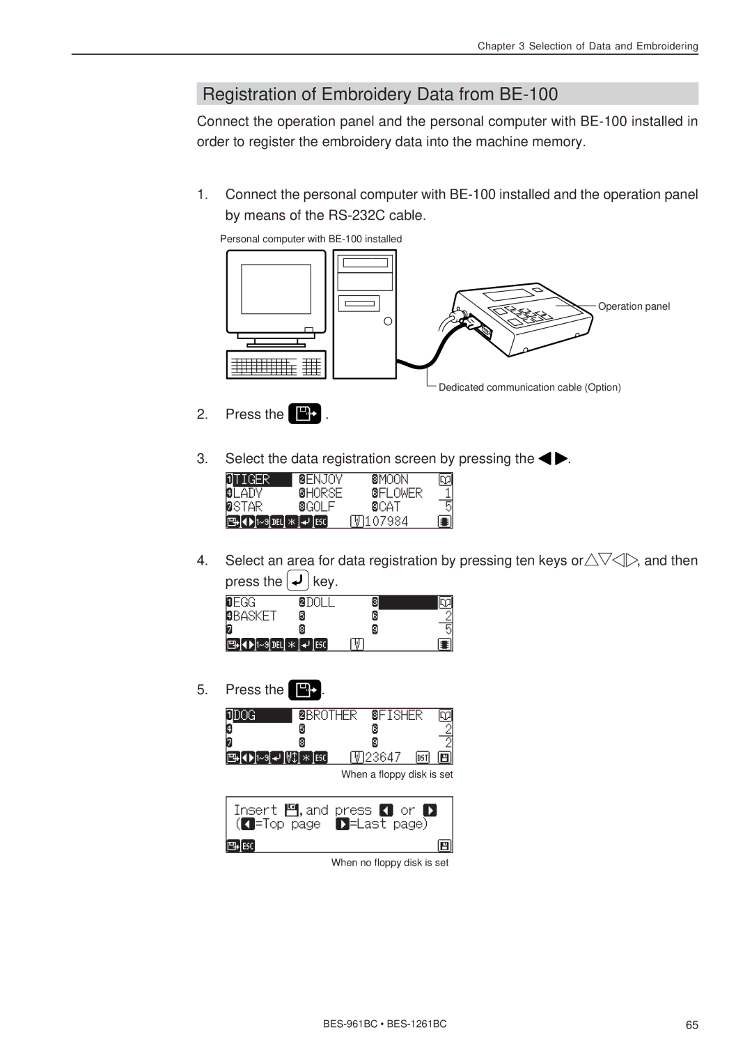 Brother BES-961BC, BES-1261BC instruction manual Registration of Embroidery Data from BE-100 