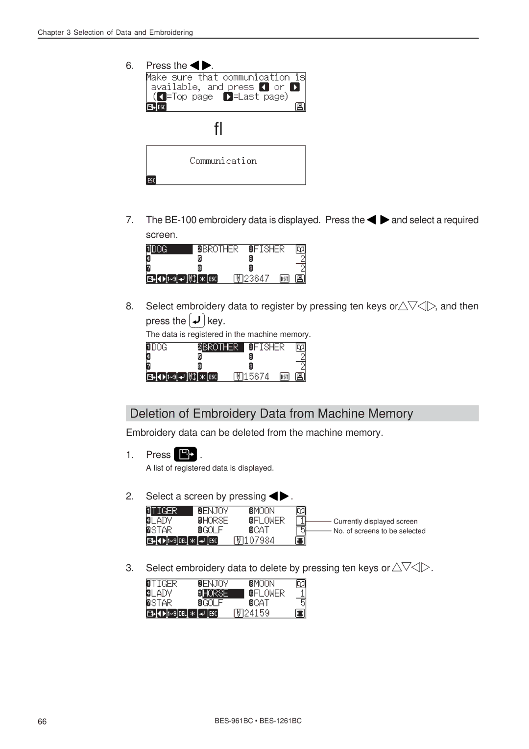 Brother BES-1261BC, BES-961BC instruction manual Deletion of Embroidery Data from Machine Memory 