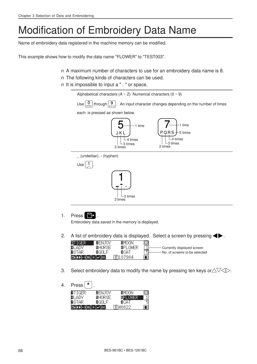 Brother BES-1261BC, BES-961BC instruction manual Modification of Embroidery Data Name 