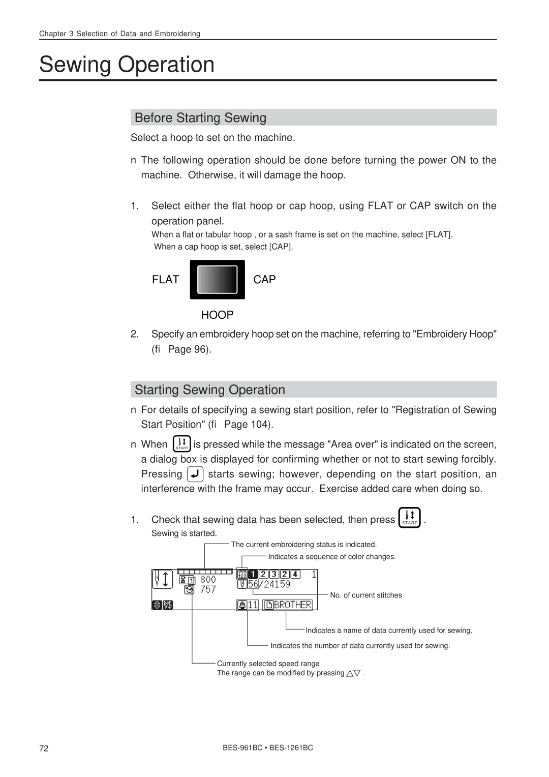 Brother BES-1261BC, BES-961BC instruction manual Before Starting Sewing, Starting Sewing Operation 