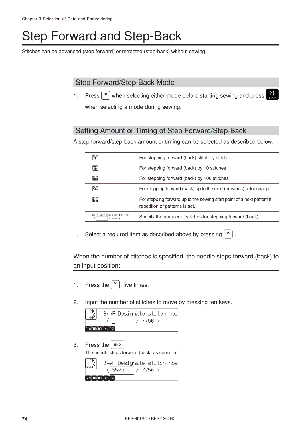 Brother BES-1261BC, BES-961BC instruction manual Step Forward and Step-Back, Step Forward/Step-Back Mode 