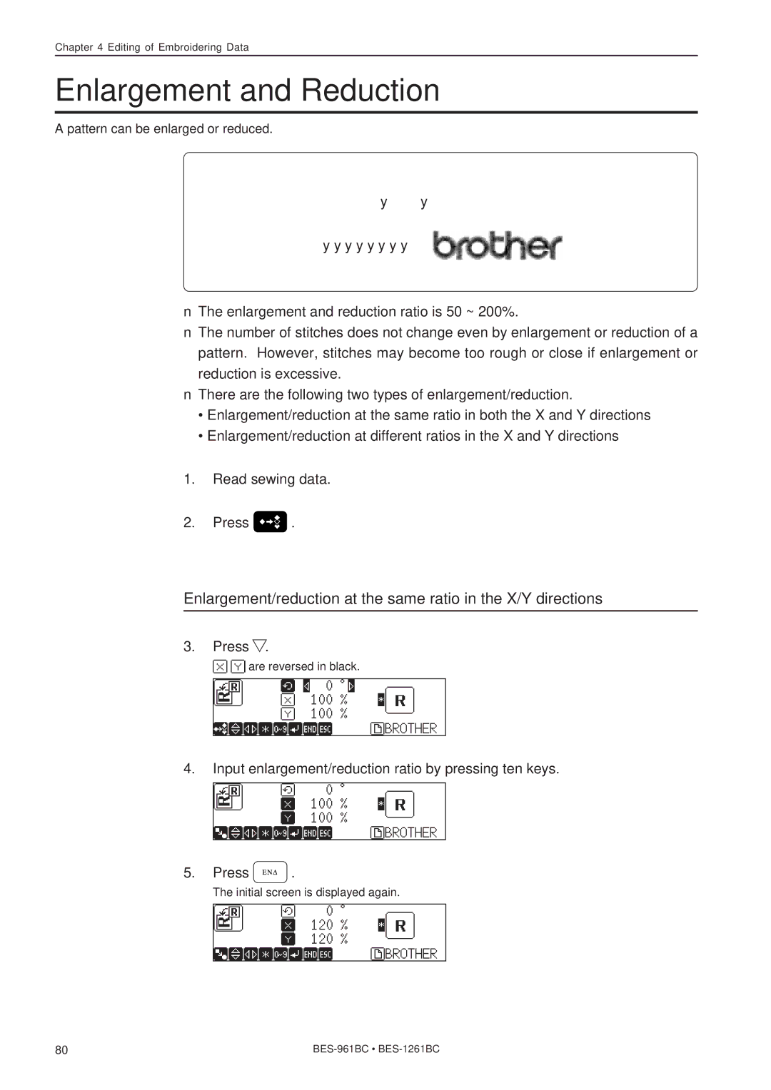 Brother BES-1261BC, BES-961BC instruction manual Enlargement and Reduction 