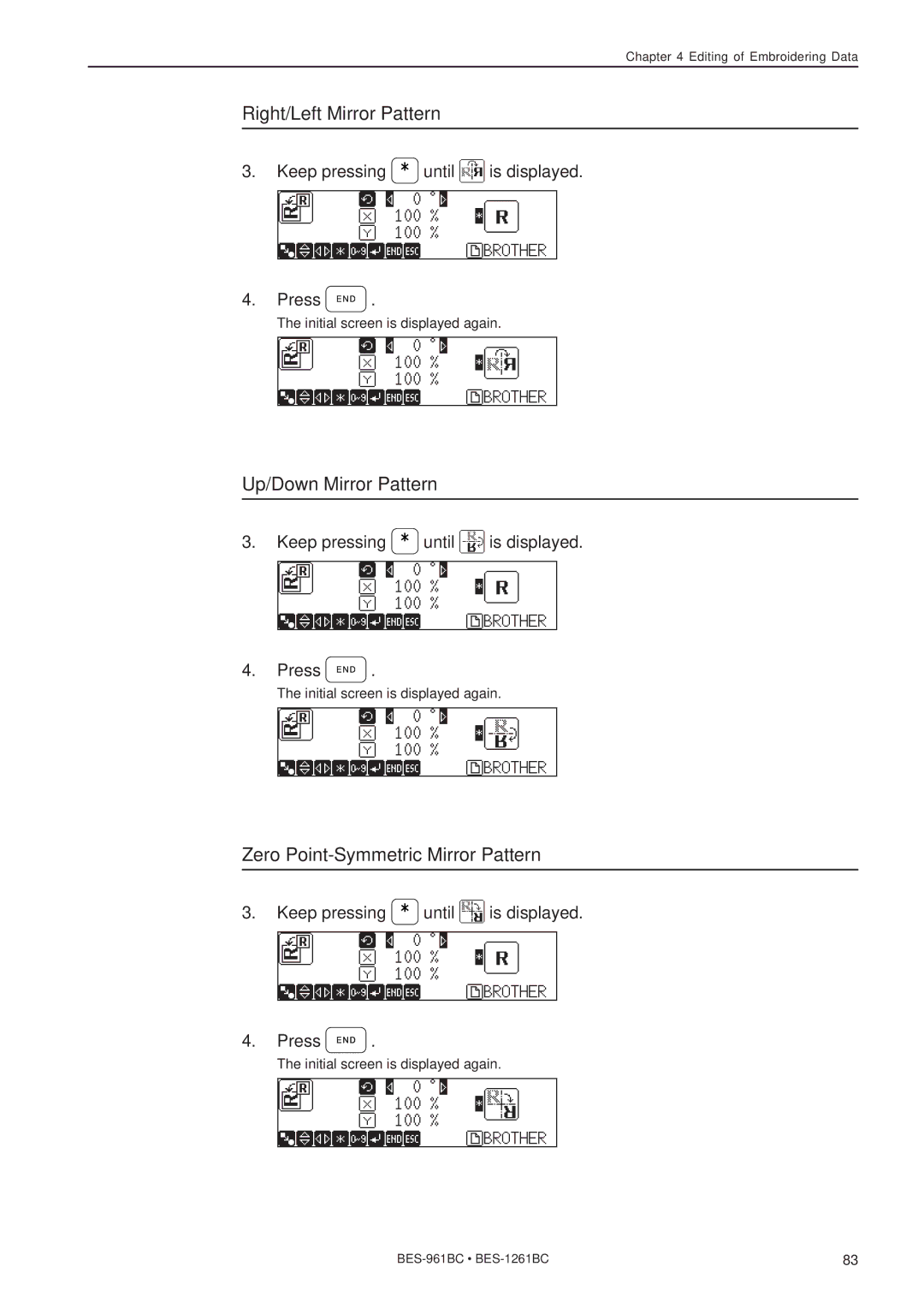 Brother BES-961BC, BES-1261BC Right/Left Mirror Pattern, Up/Down Mirror Pattern, Zero Point-Symmetric Mirror Pattern 
