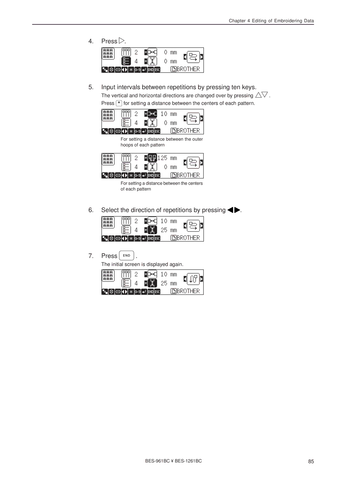 Brother BES-961BC, BES-1261BC instruction manual Select the direction of repetitions by pressing Press E N D 