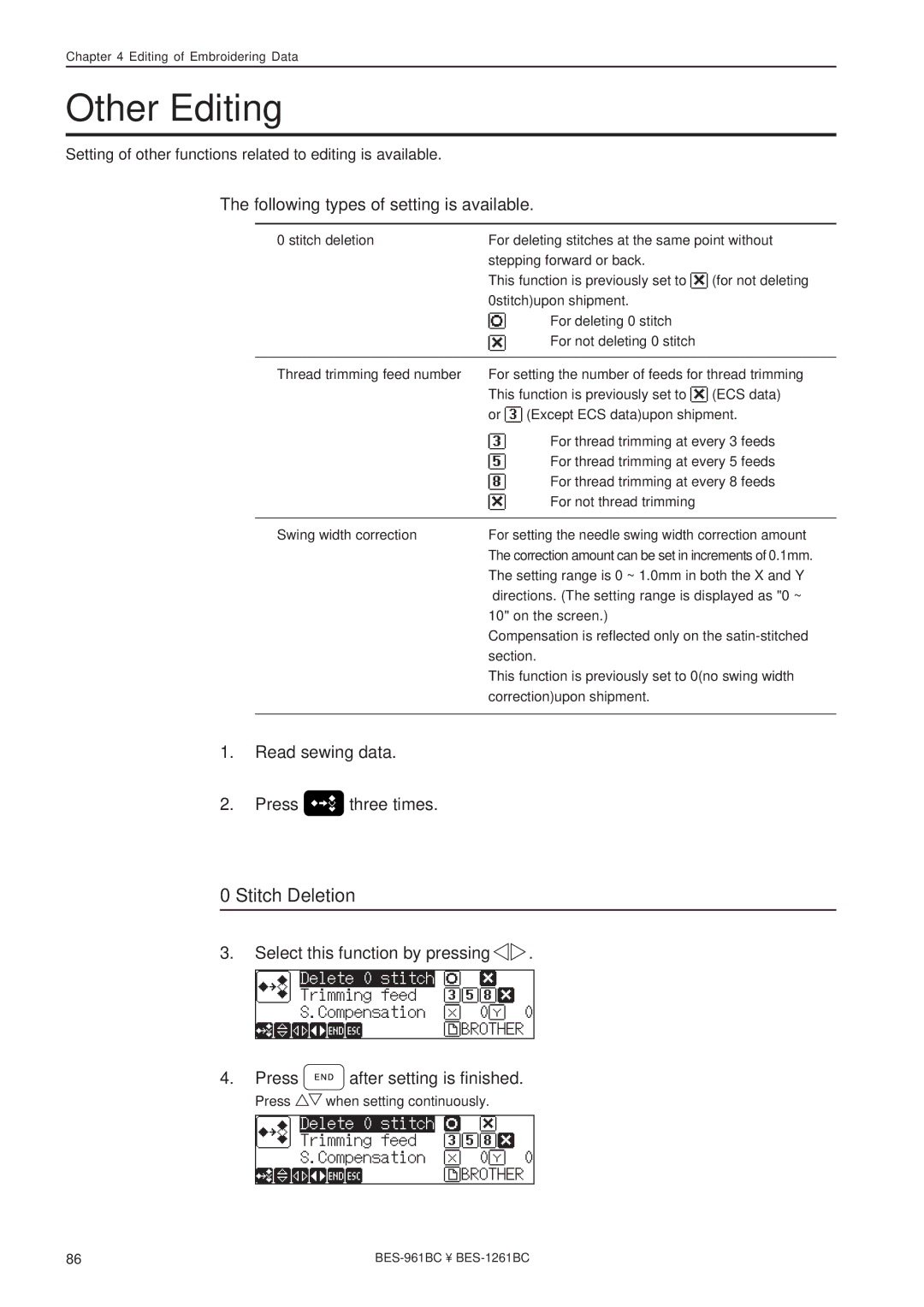 Brother BES-1261BC, BES-961BC instruction manual Other Editing, Stitch Deletion, Following types of setting is available 