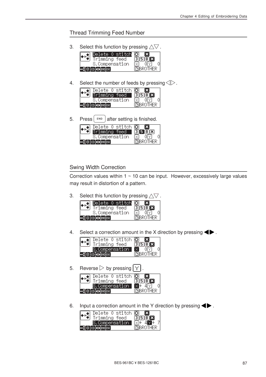 Brother BES-961BC, BES-1261BC instruction manual Thread Trimming Feed Number, Swing Width Correction 