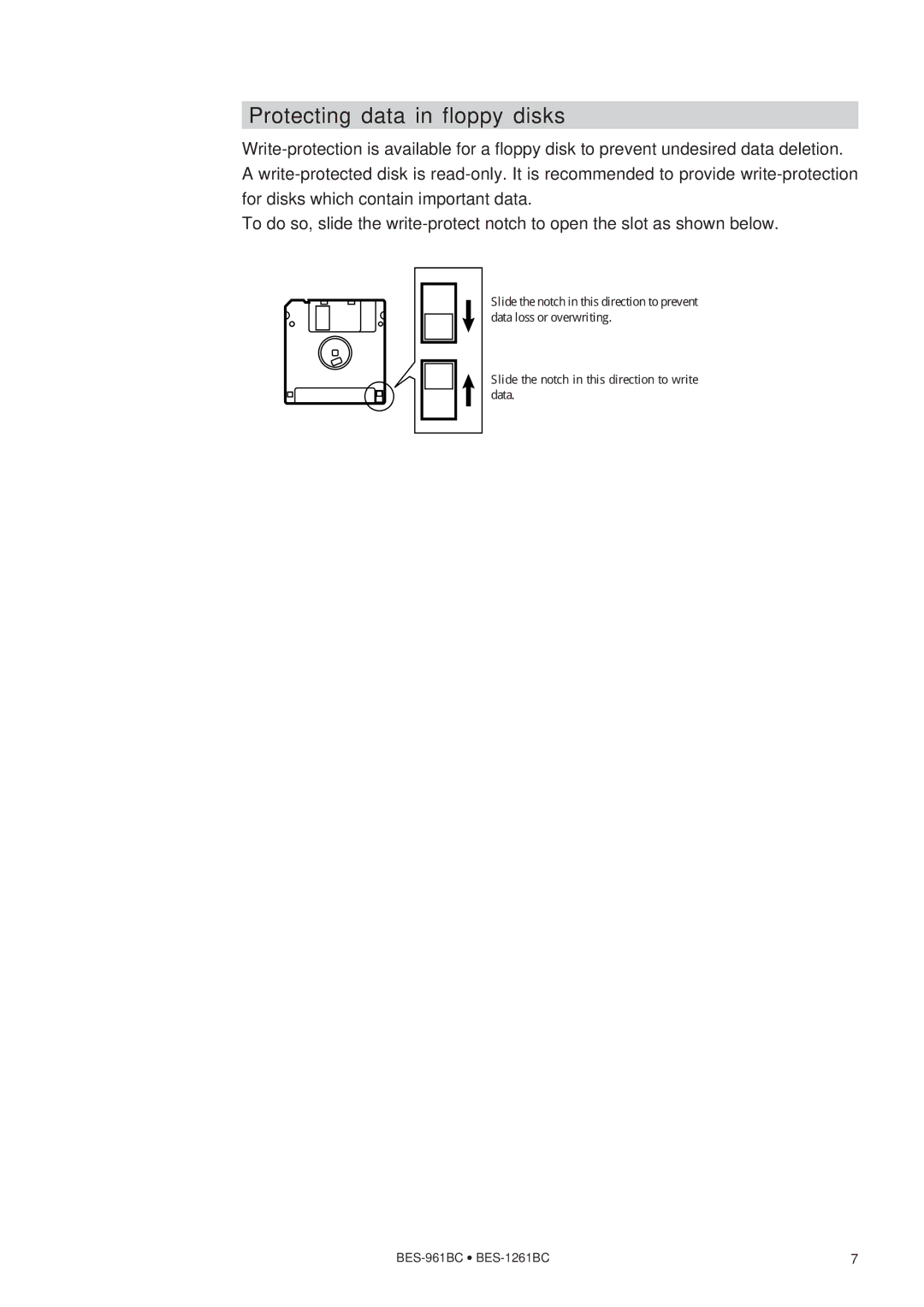 Brother BES-961BC, BES-1261BC instruction manual Protecting data in floppy disks 