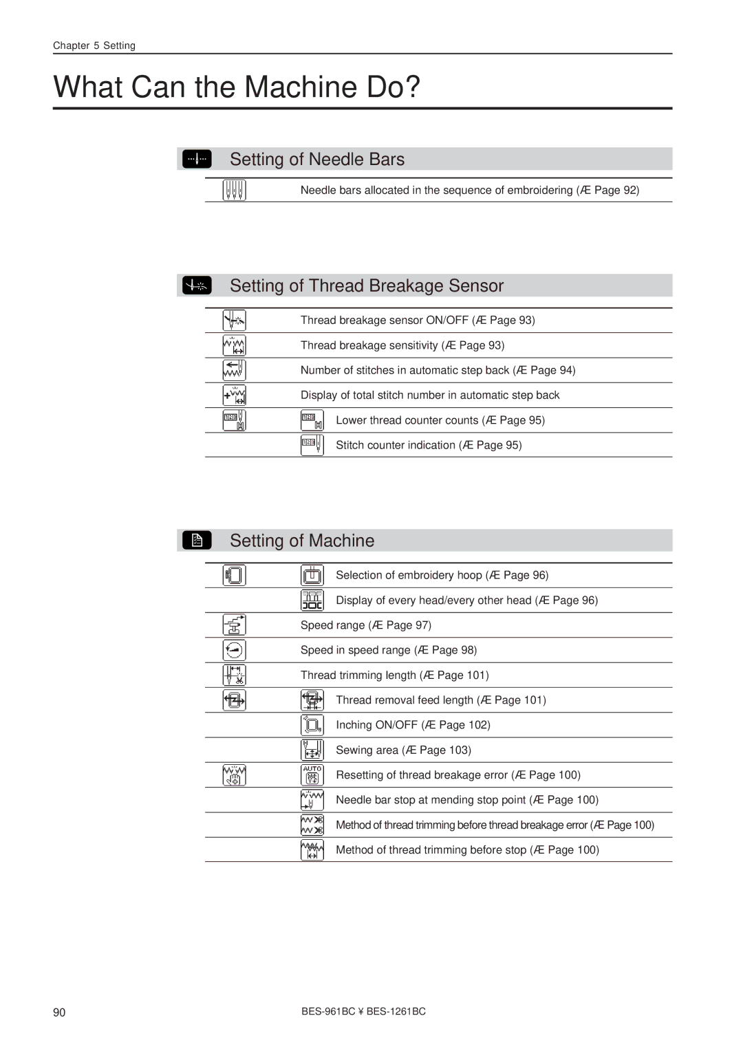 Brother BES-1261BC, BES-961BC Setting of Needle Bars, Setting of Thread Breakage Sensor, Setting of Machine 