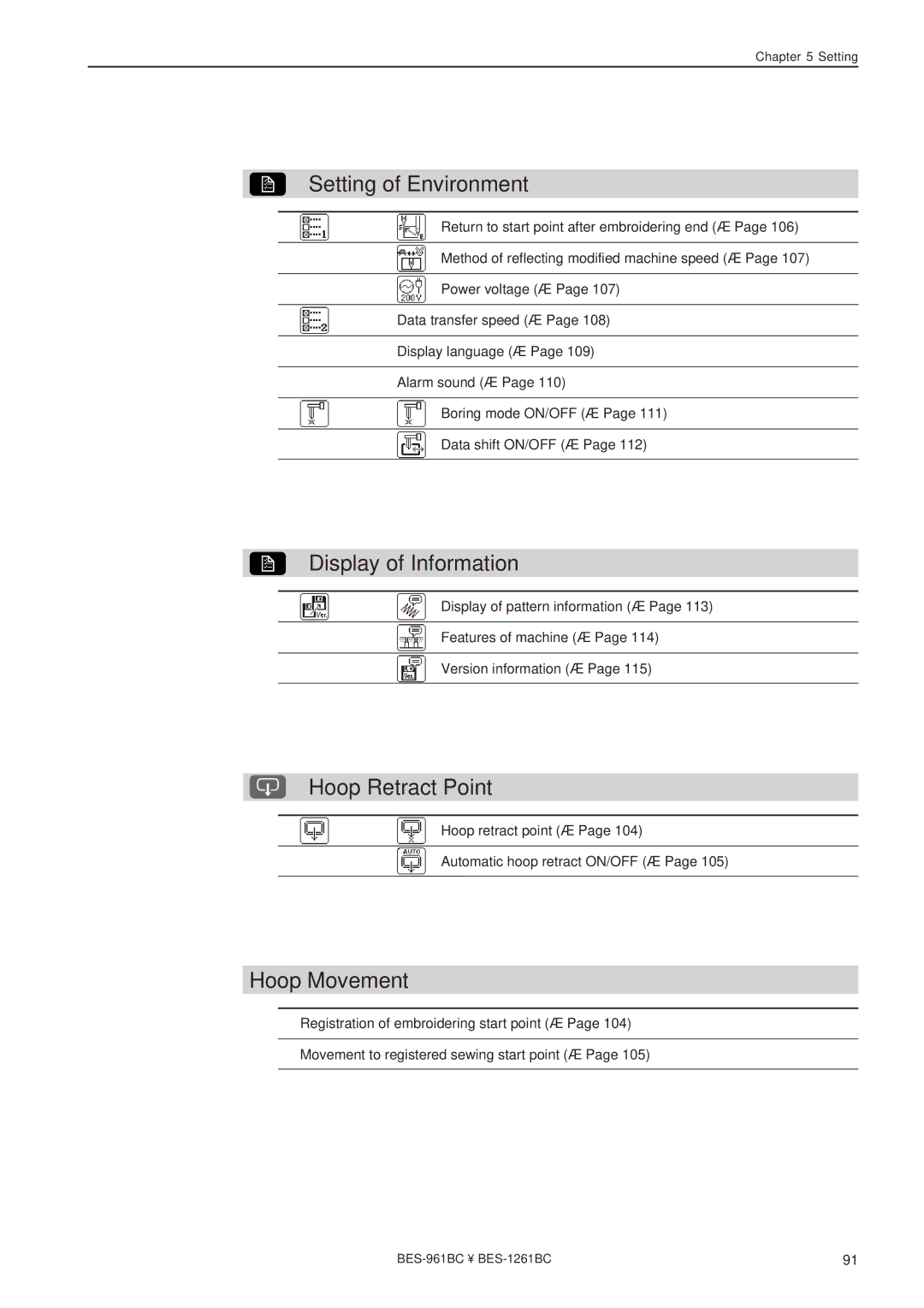 Brother BES-961BC, BES-1261BC Setting of Environment, Display of Information, Hoop Retract Point, Hoop Movement 