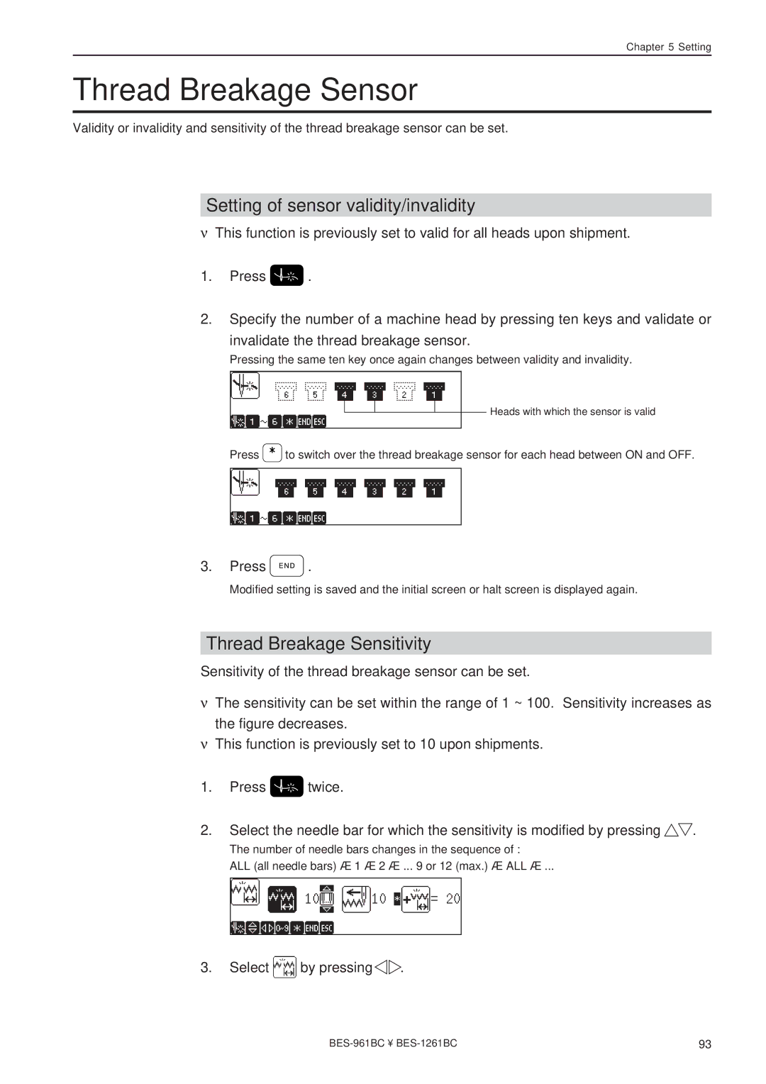 Brother BES-961BC, BES-1261BC Thread Breakage Sensor, Setting of sensor validity/invalidity, Thread Breakage Sensitivity 