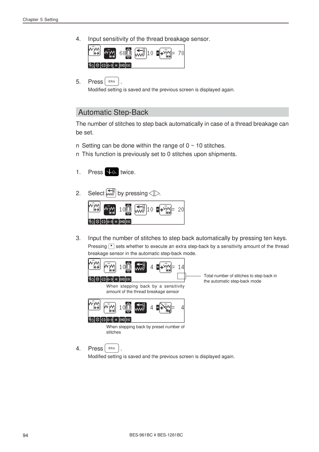 Brother BES-1261BC, BES-961BC Automatic Step-Back, Input sensitivity of the thread breakage sensor Press E N D 