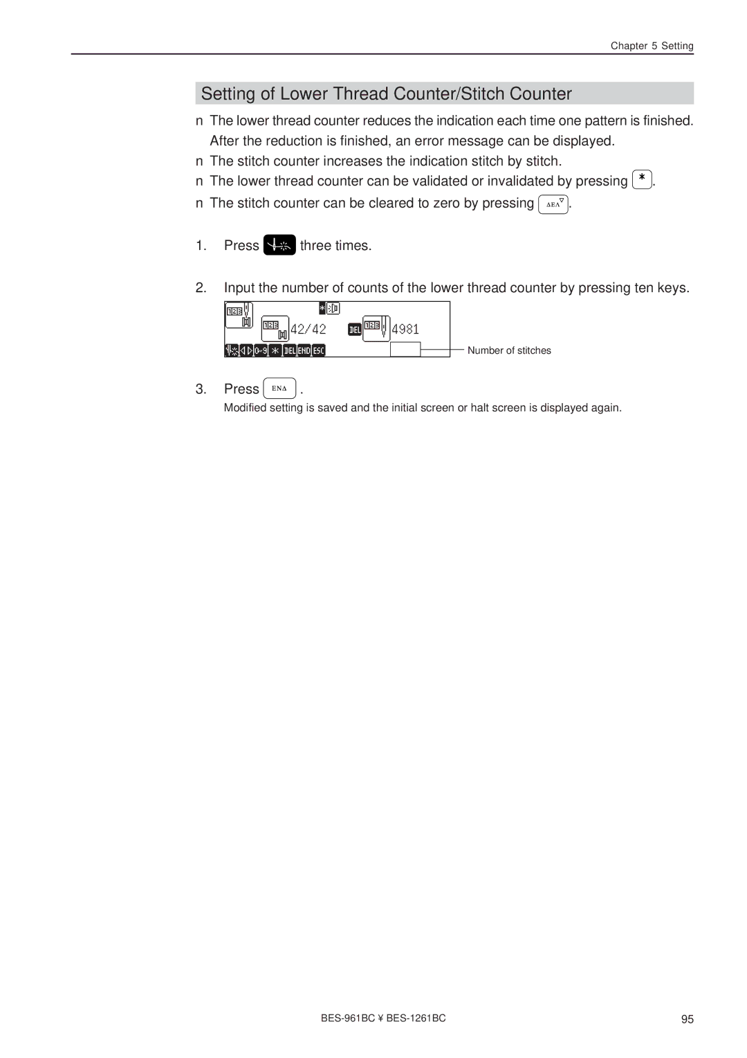 Brother BES-961BC, BES-1261BC instruction manual Setting of Lower Thread Counter/Stitch Counter 