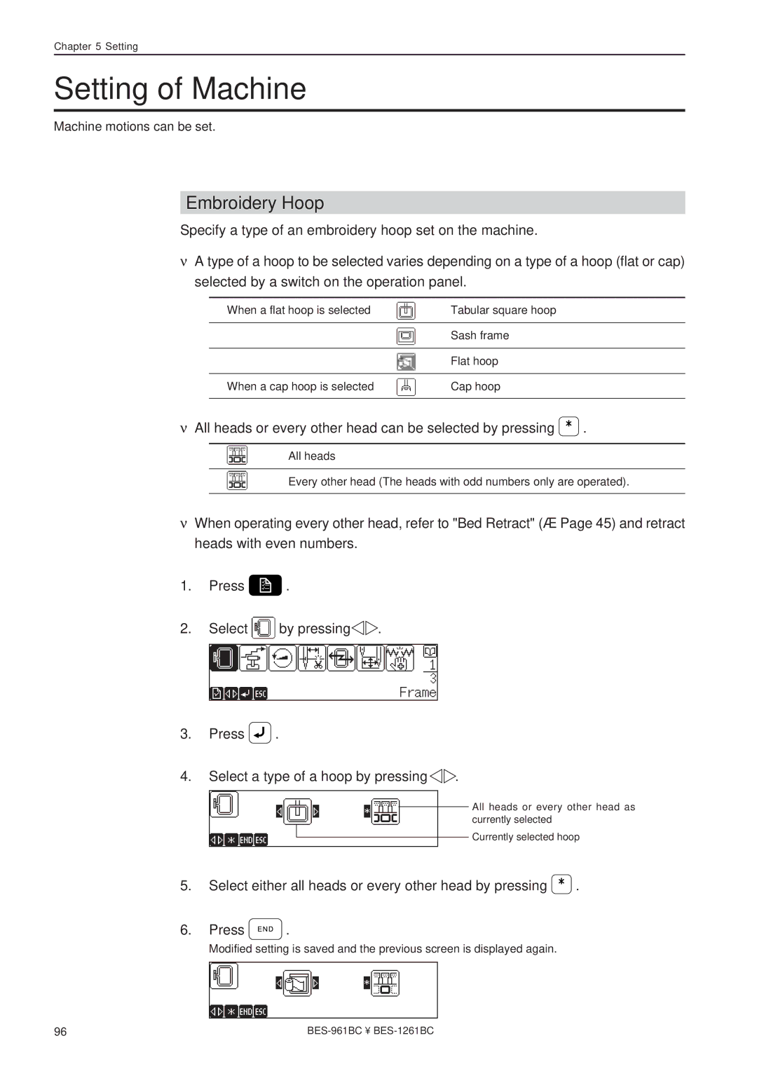Brother BES-1261BC Setting of Machine, Embroidery Hoop, All heads or every other head can be selected by pressing 