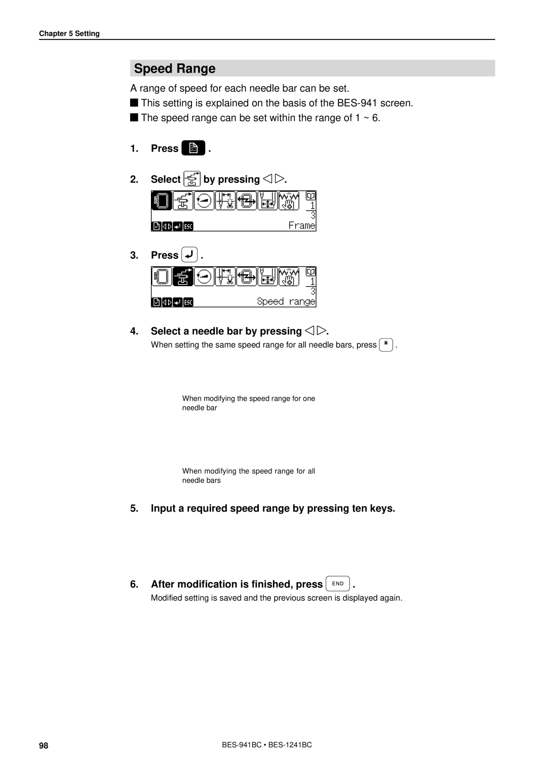Brother BES-941BC instruction manual Speed Range, Press Select by pressing Select a needle bar by pressing 