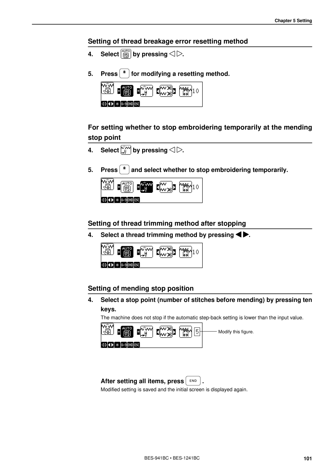 Brother BES-941BC Setting of thread breakage error resetting method, Setting of thread trimming method after stopping 