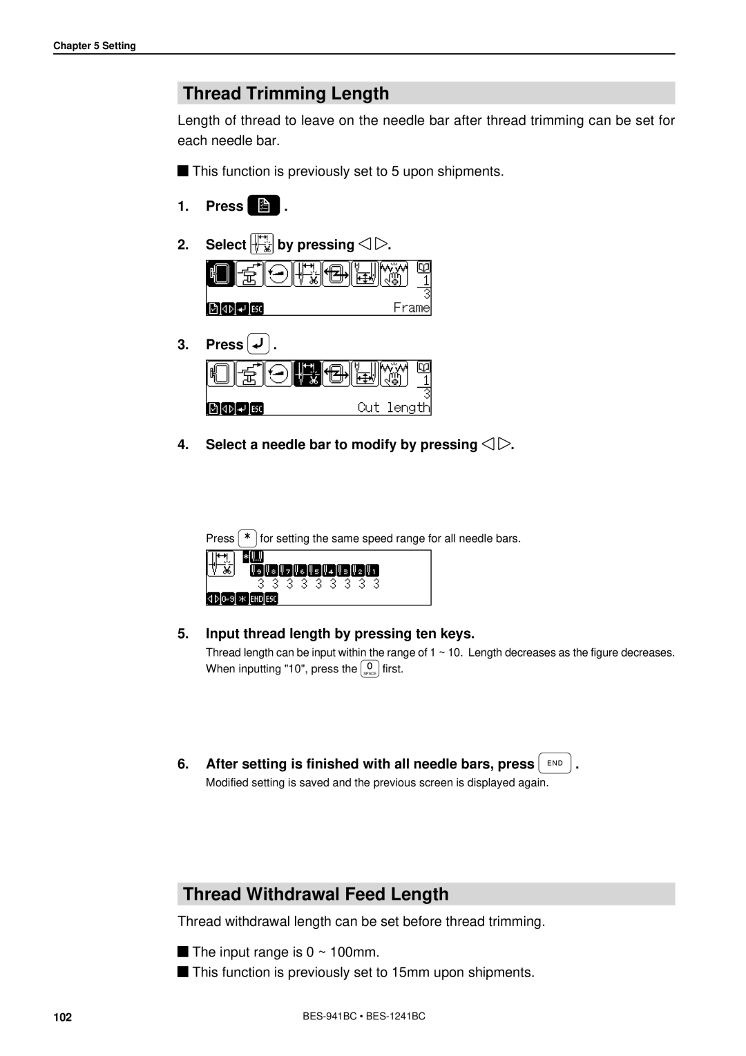 Brother BES-941BC Thread Trimming Length, Thread Withdrawal Feed Length, Input thread length by pressing ten keys 