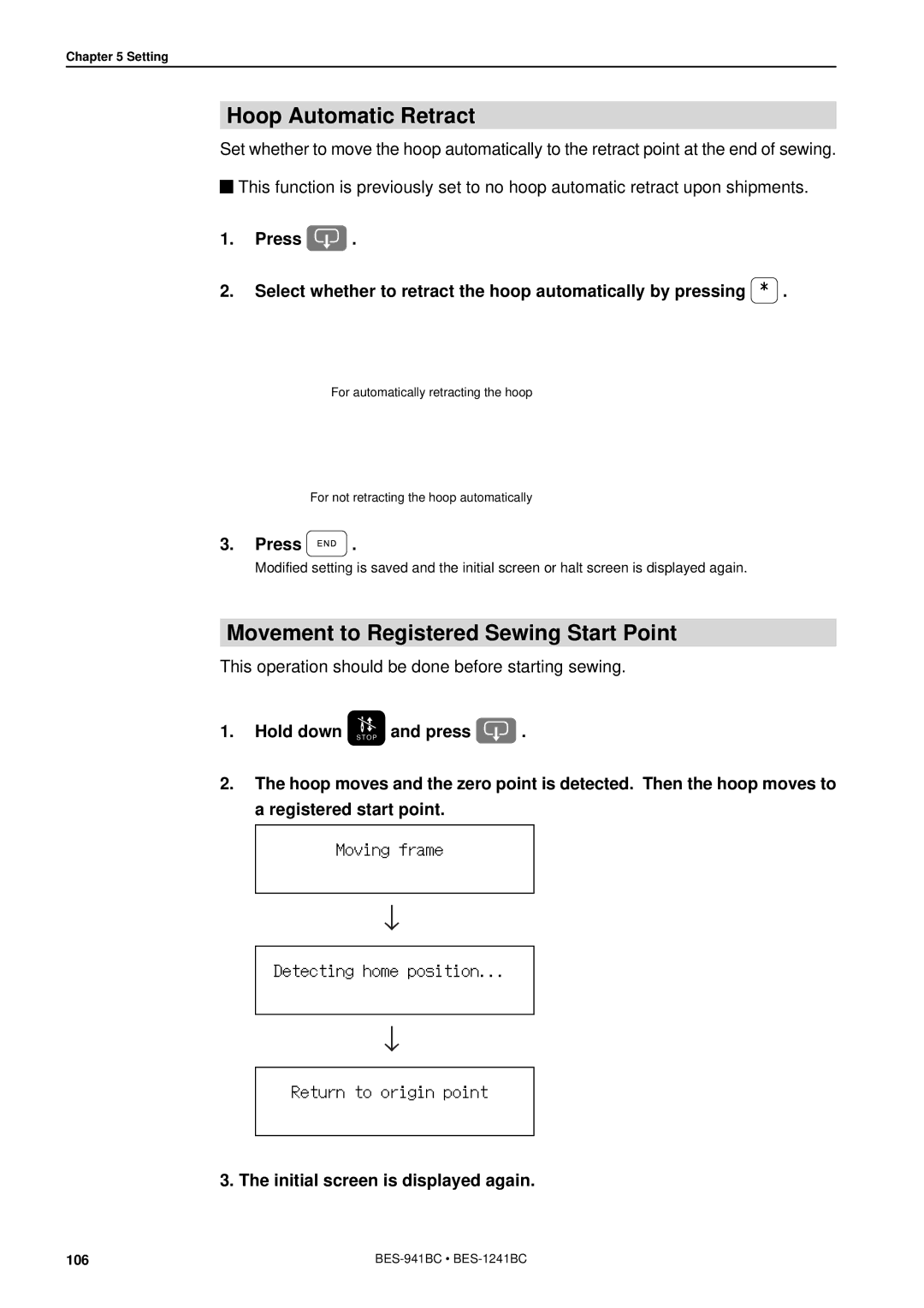 Brother BES-941BC instruction manual Hoop Automatic Retract, Movement to Registered Sewing Start Point 