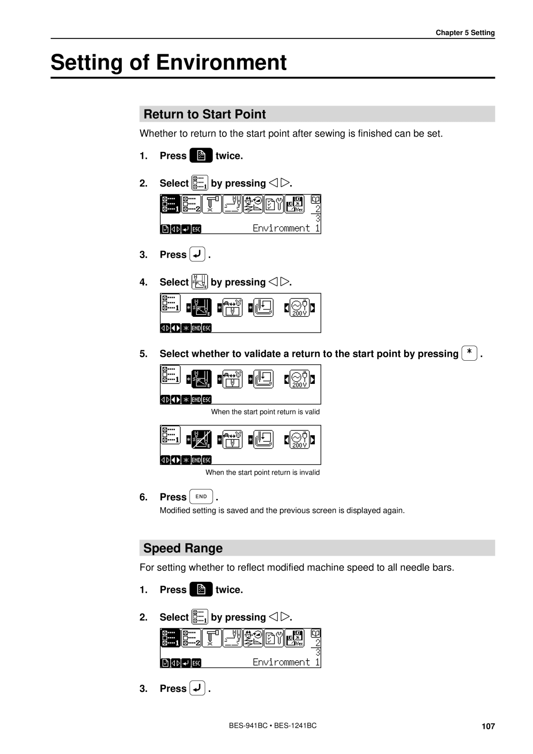 Brother BES-941BC instruction manual Setting of Environment, Return to Start Point, Press twice Select by pressing 