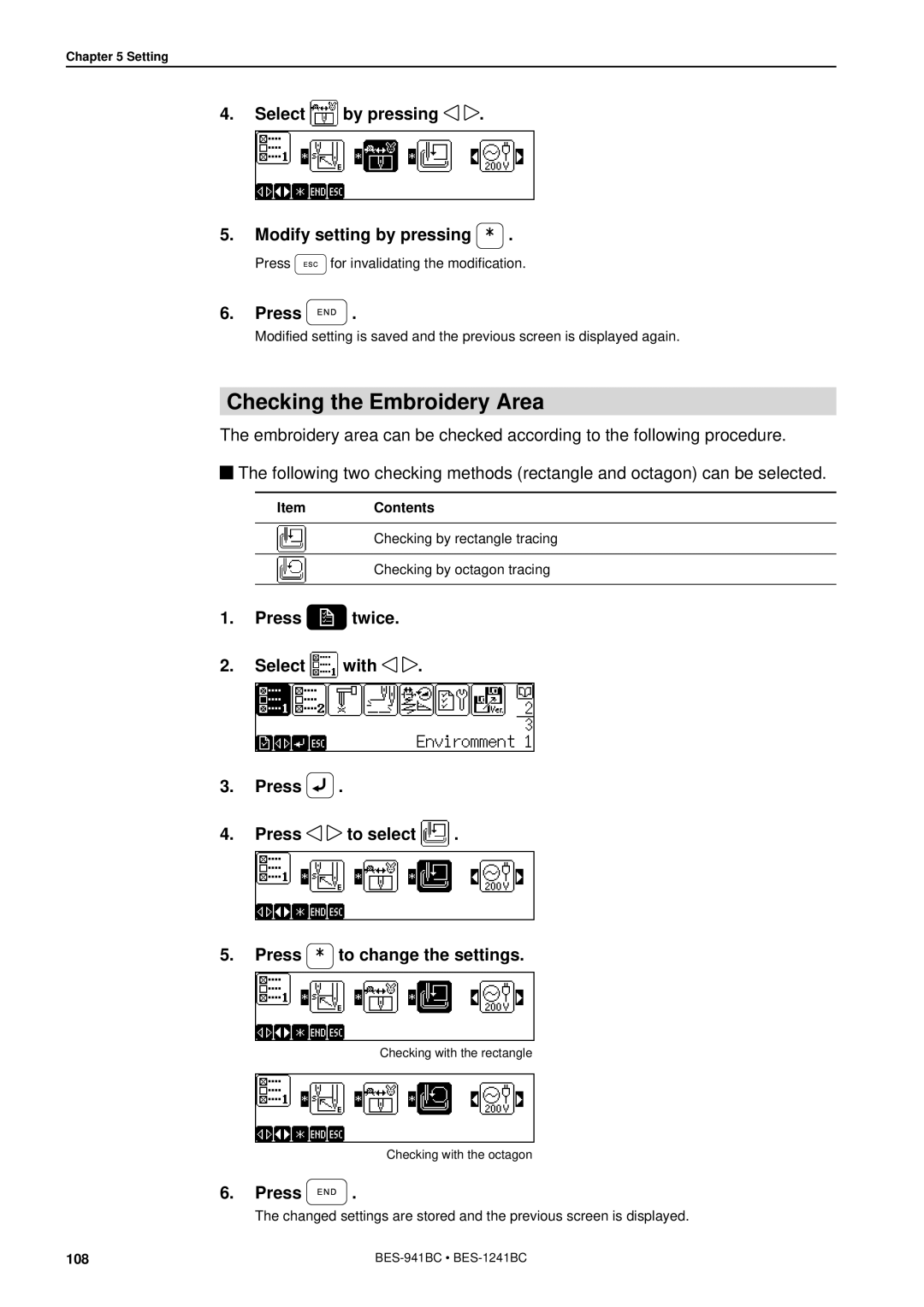 Brother BES-941BC instruction manual Checking the Embroidery Area, Select by pressing Modify setting by pressing 