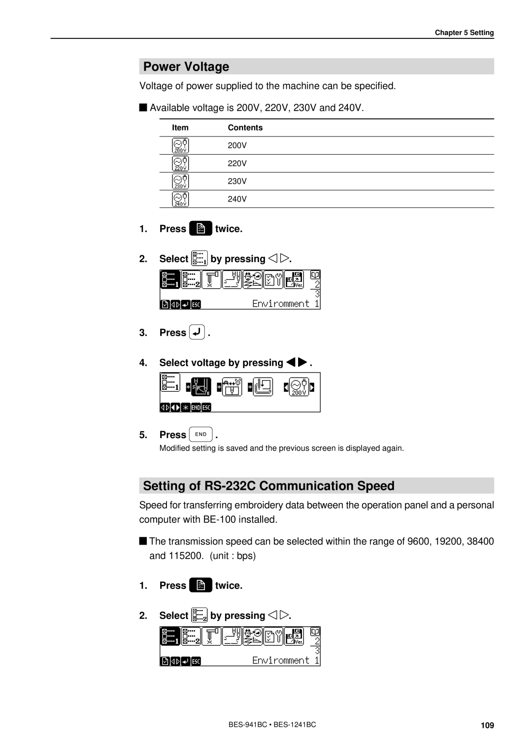 Brother BES-941BC instruction manual Power Voltage, Setting of RS-232C Communication Speed 