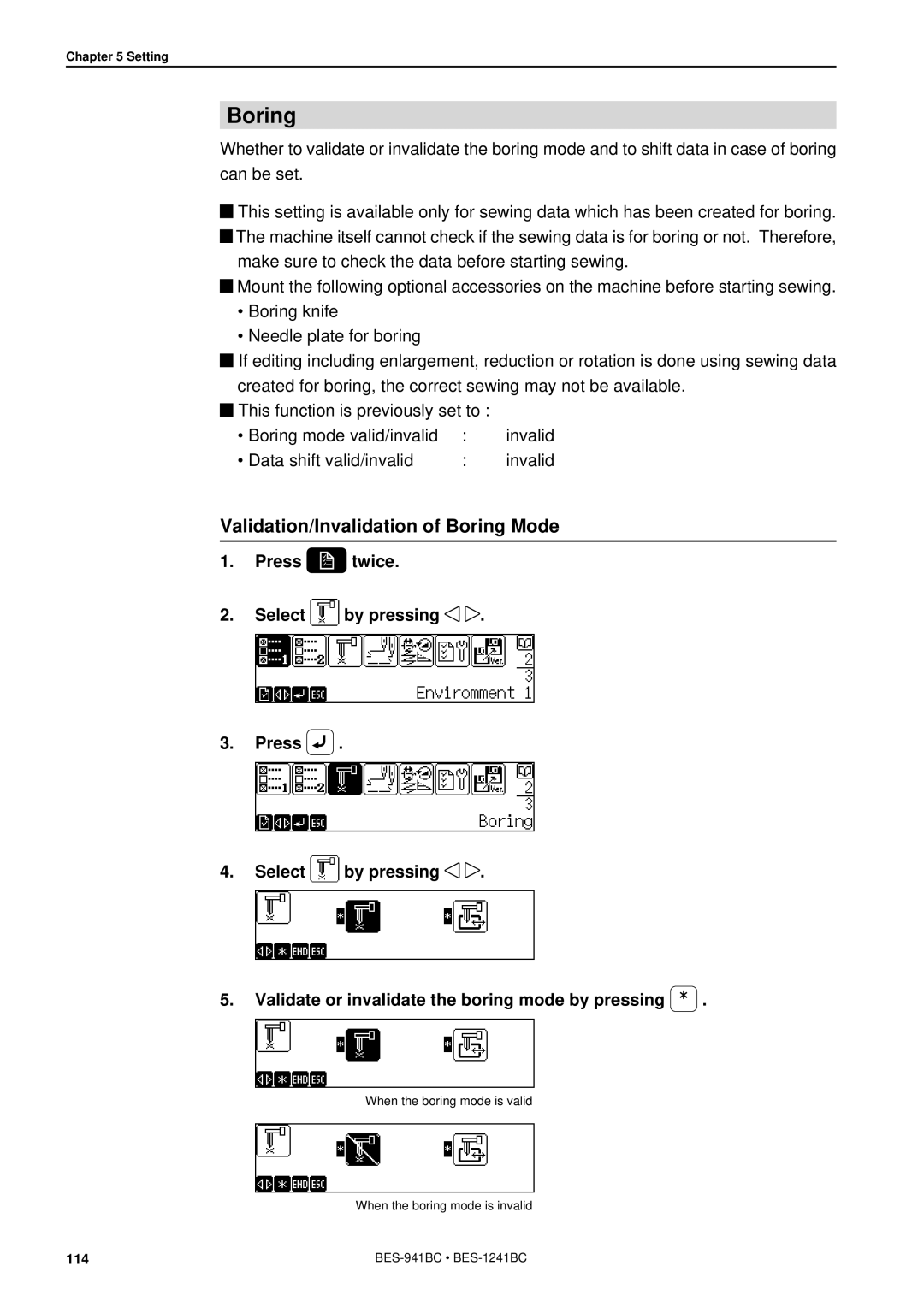 Brother BES-941BC instruction manual Validation/Invalidation of Boring Mode 