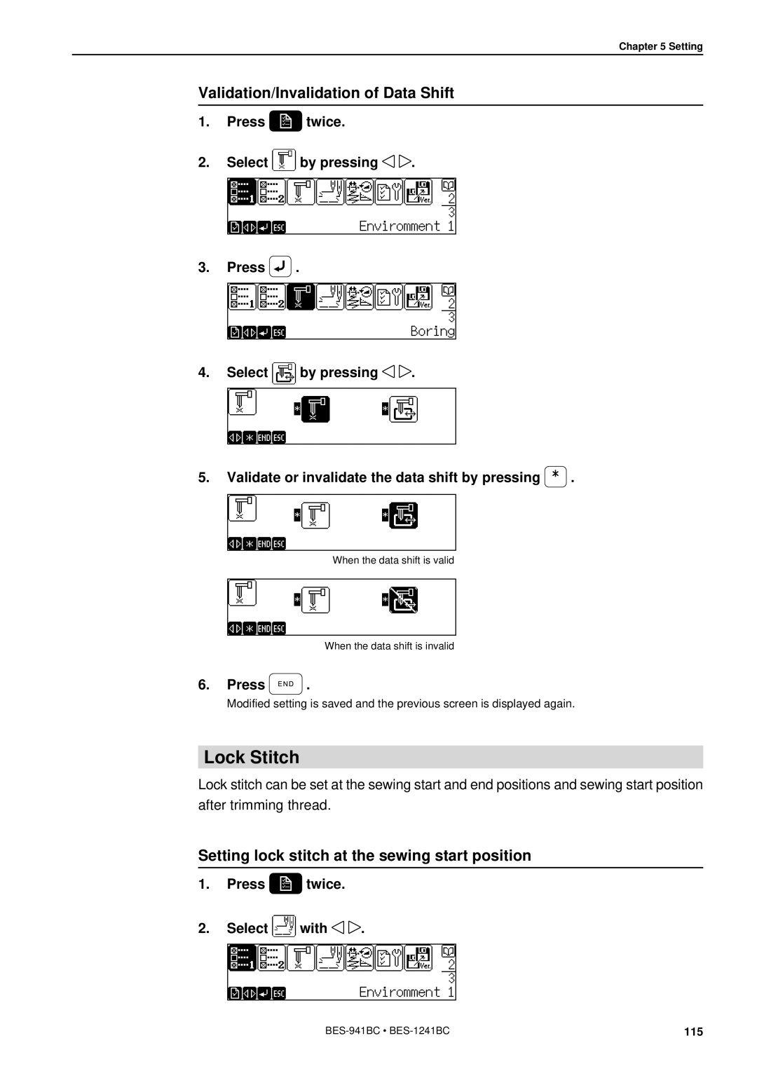 Brother BES-941BC Lock Stitch, Validation/Invalidation of Data Shift, Setting lock stitch at the sewing start position 