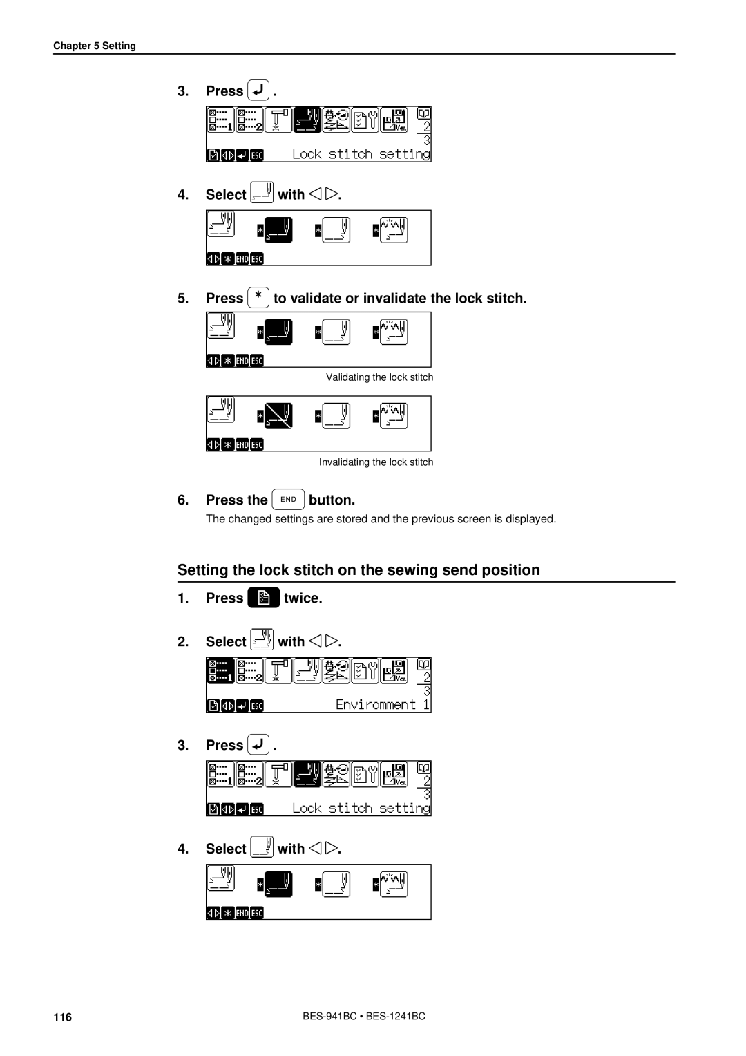 Brother BES-941BC instruction manual Setting the lock stitch on the sewing send position, Press the E N D button 