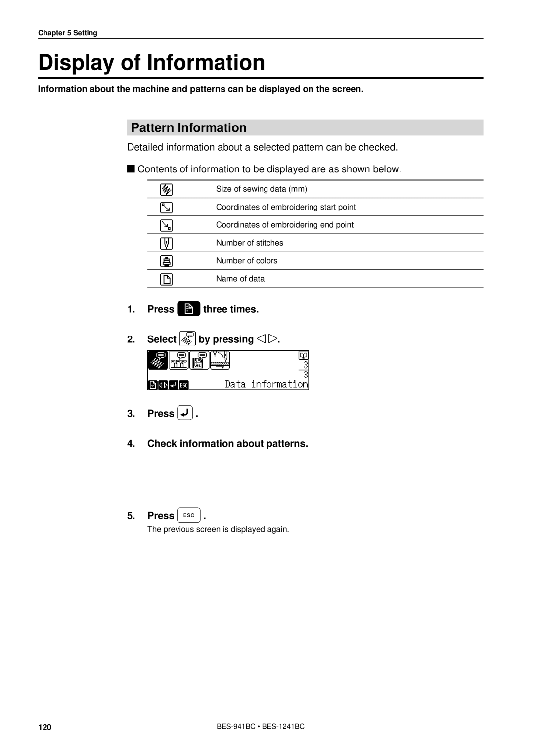 Brother BES-941BC instruction manual Display of Information, Pattern Information 