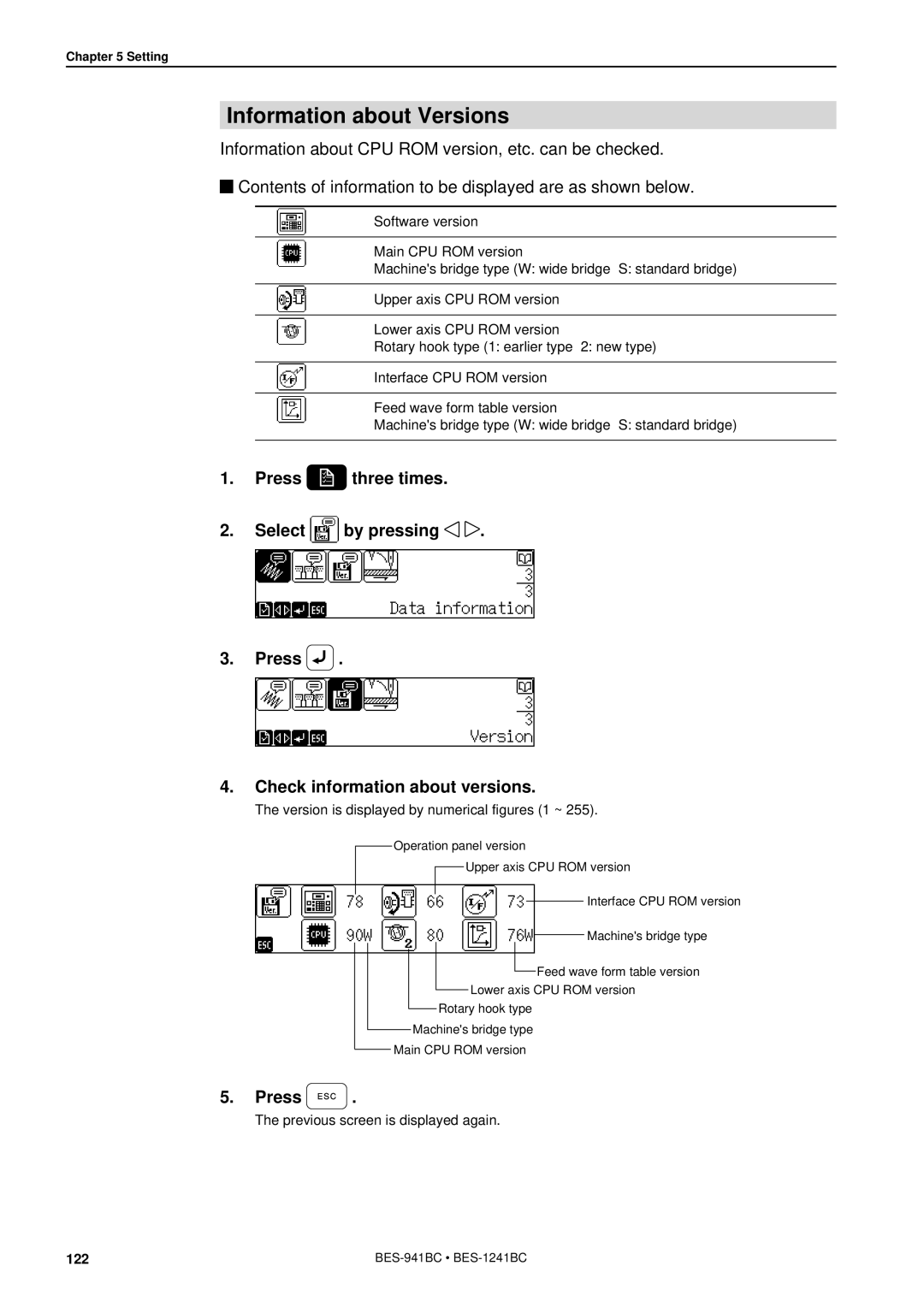 Brother BES-941BC instruction manual Information about Versions, Version is displayed by numerical figures 1 ~ 