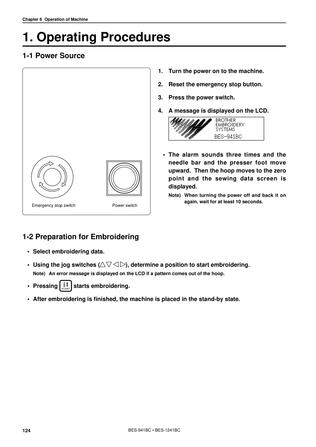 Brother BES-941BC instruction manual Operating Procedures, Power Source, Preparation for Embroidering 